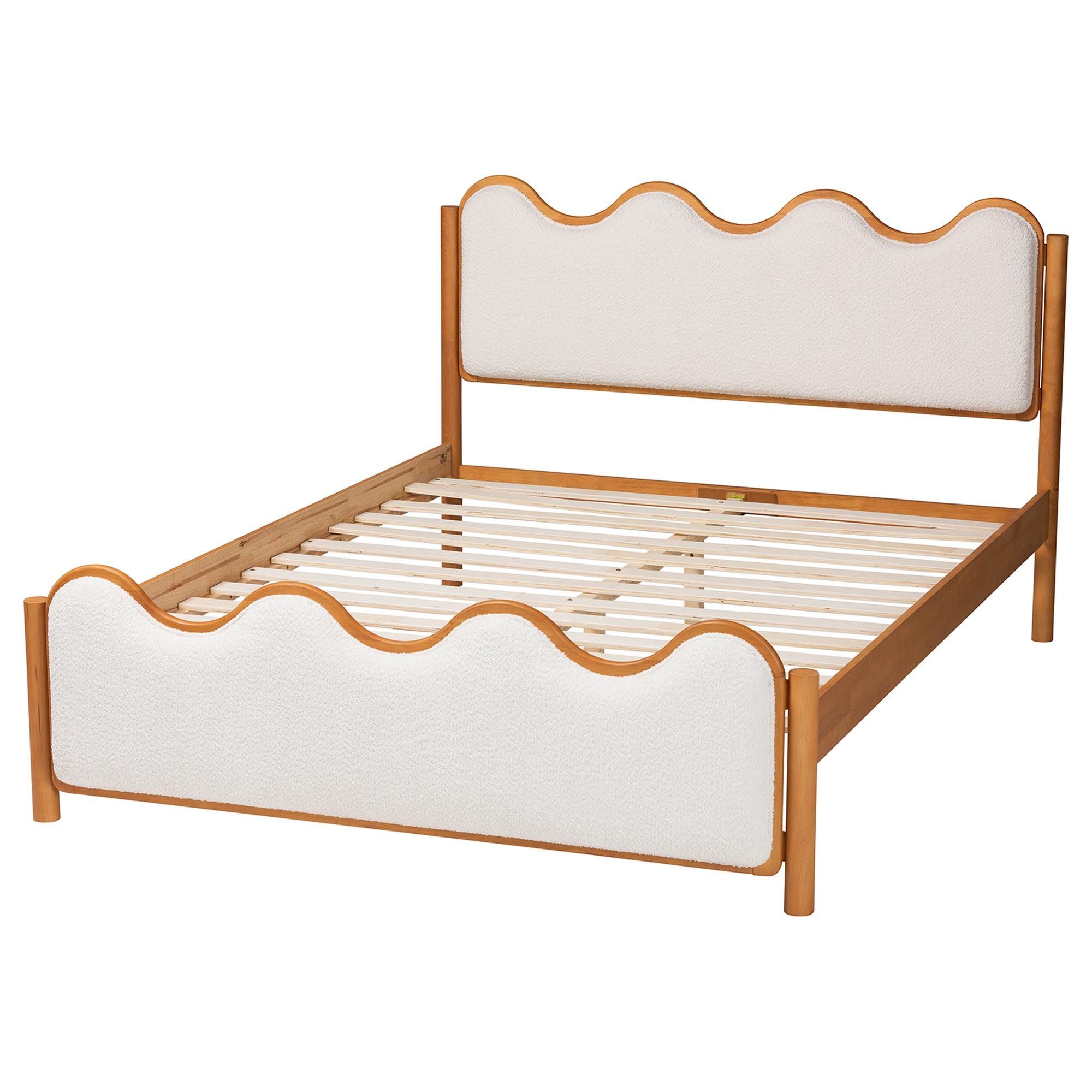 Lilia Mid-Century Modern Scalloped Cream Boucle and Wood Platform Bed