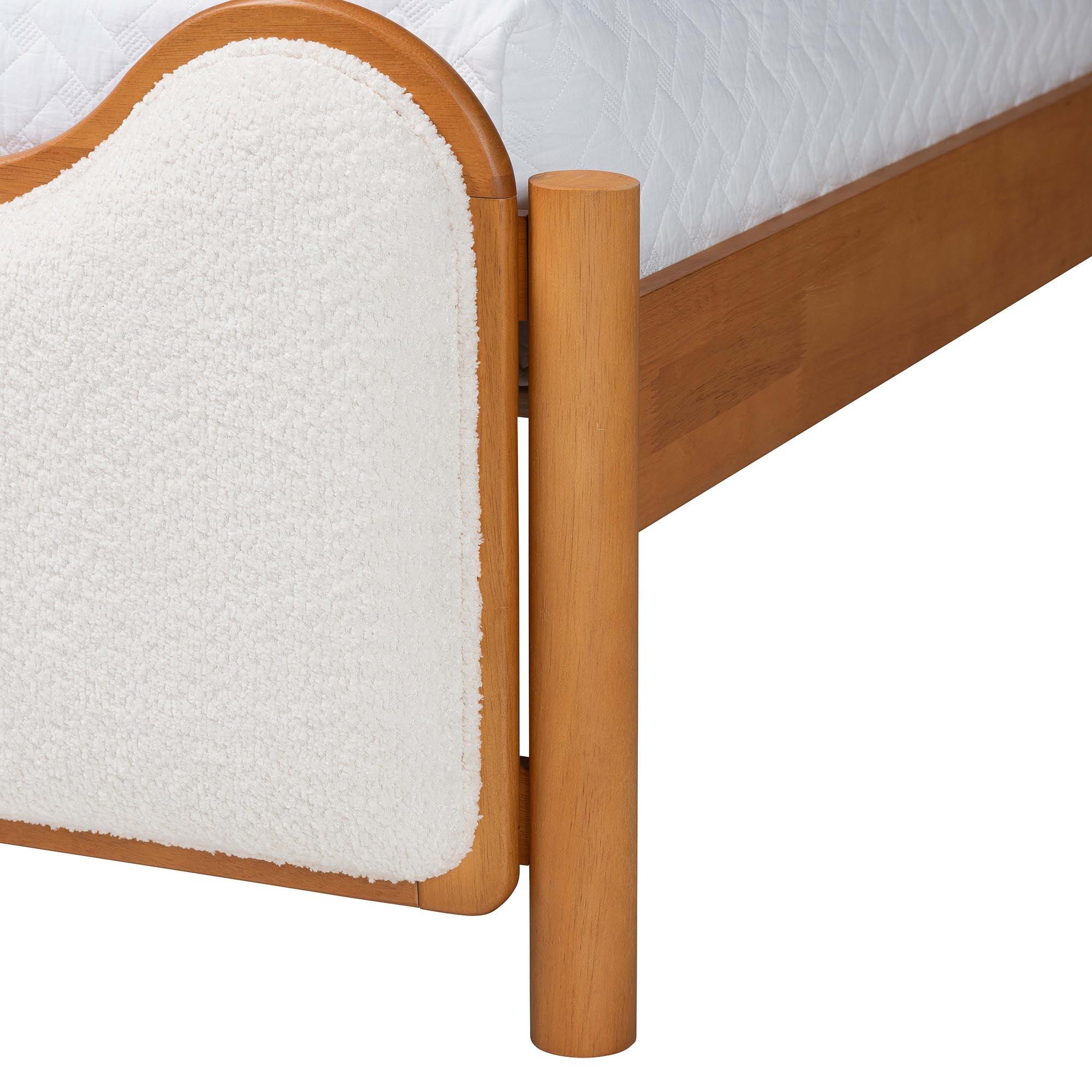 Lilia Mid-Century Modern Scalloped Cream Boucle and Wood Platform Bed