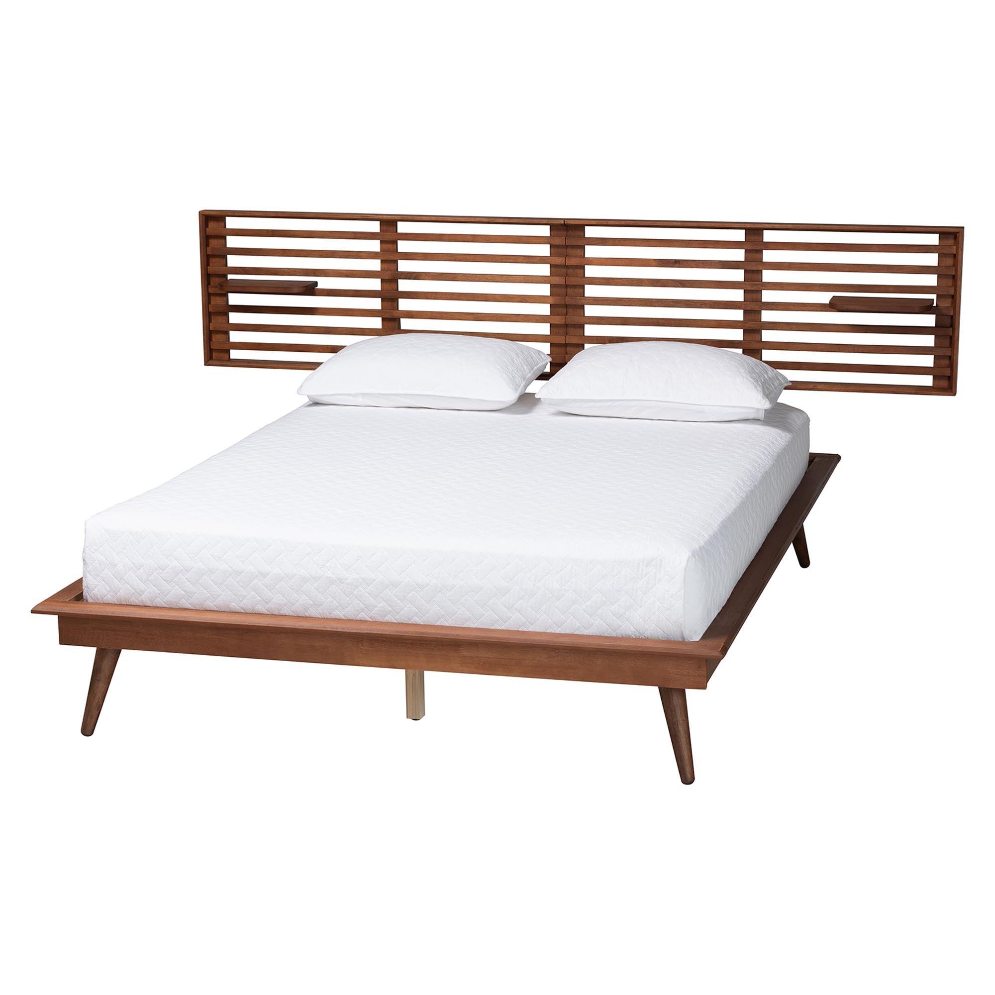 Elvina Mid-Century Transitional Ash Wood Platform Bed with Built-In Shelves