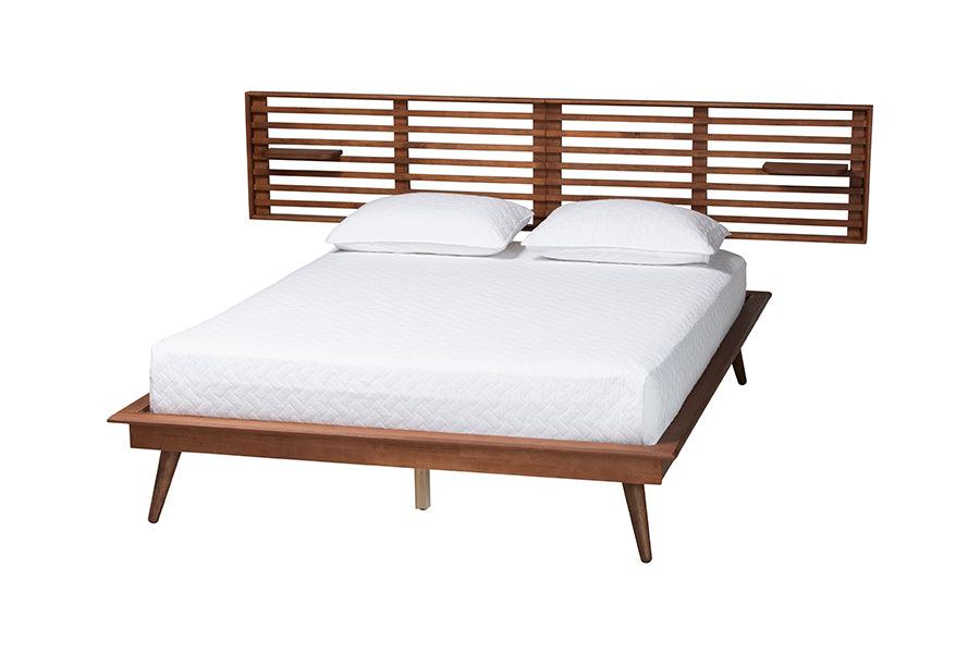 Elvina Mid-Century Transitional Ash Wood Platform Bed with Built-In Shelves