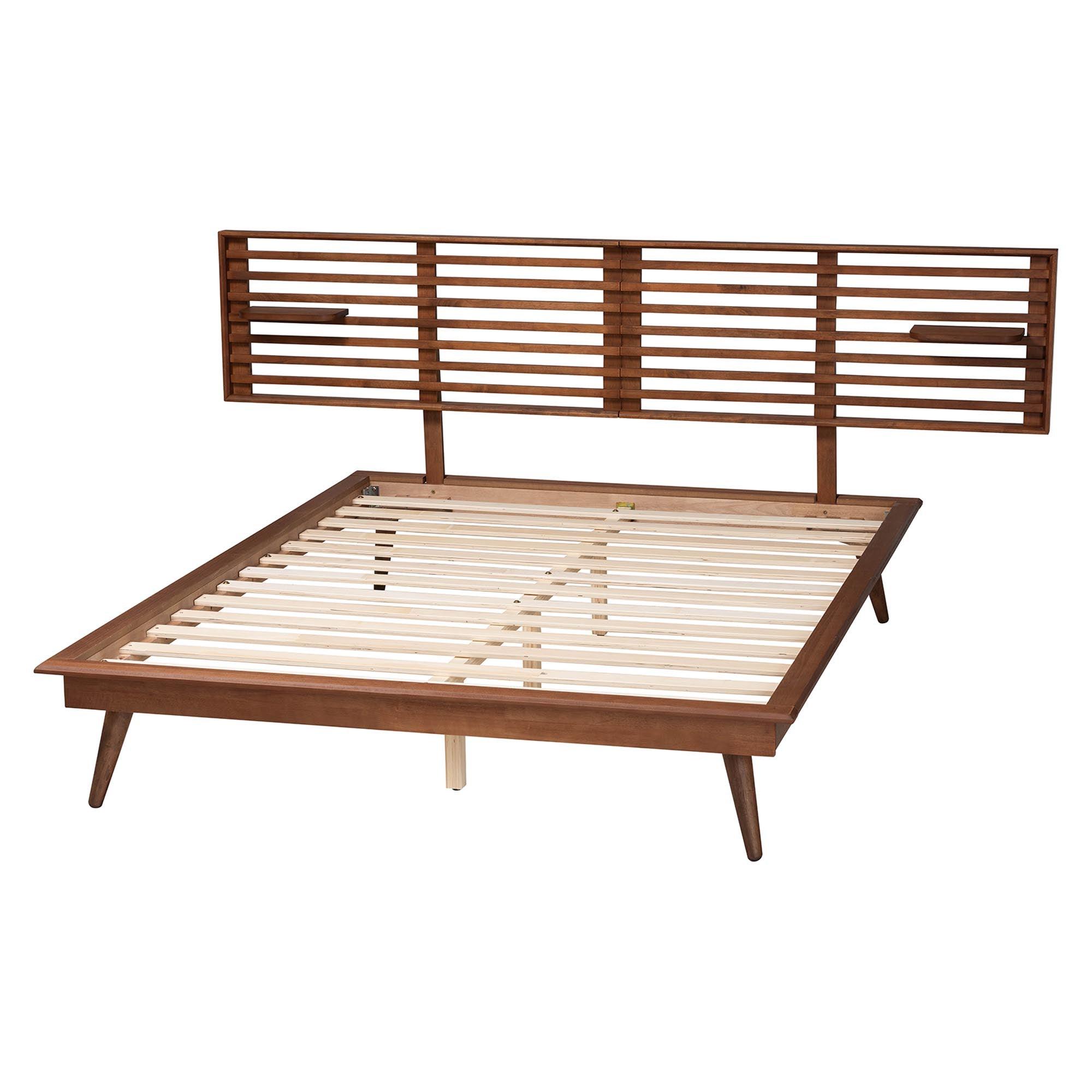 Elvina Mid-Century Transitional Ash Wood Platform Bed with Built-In Shelves