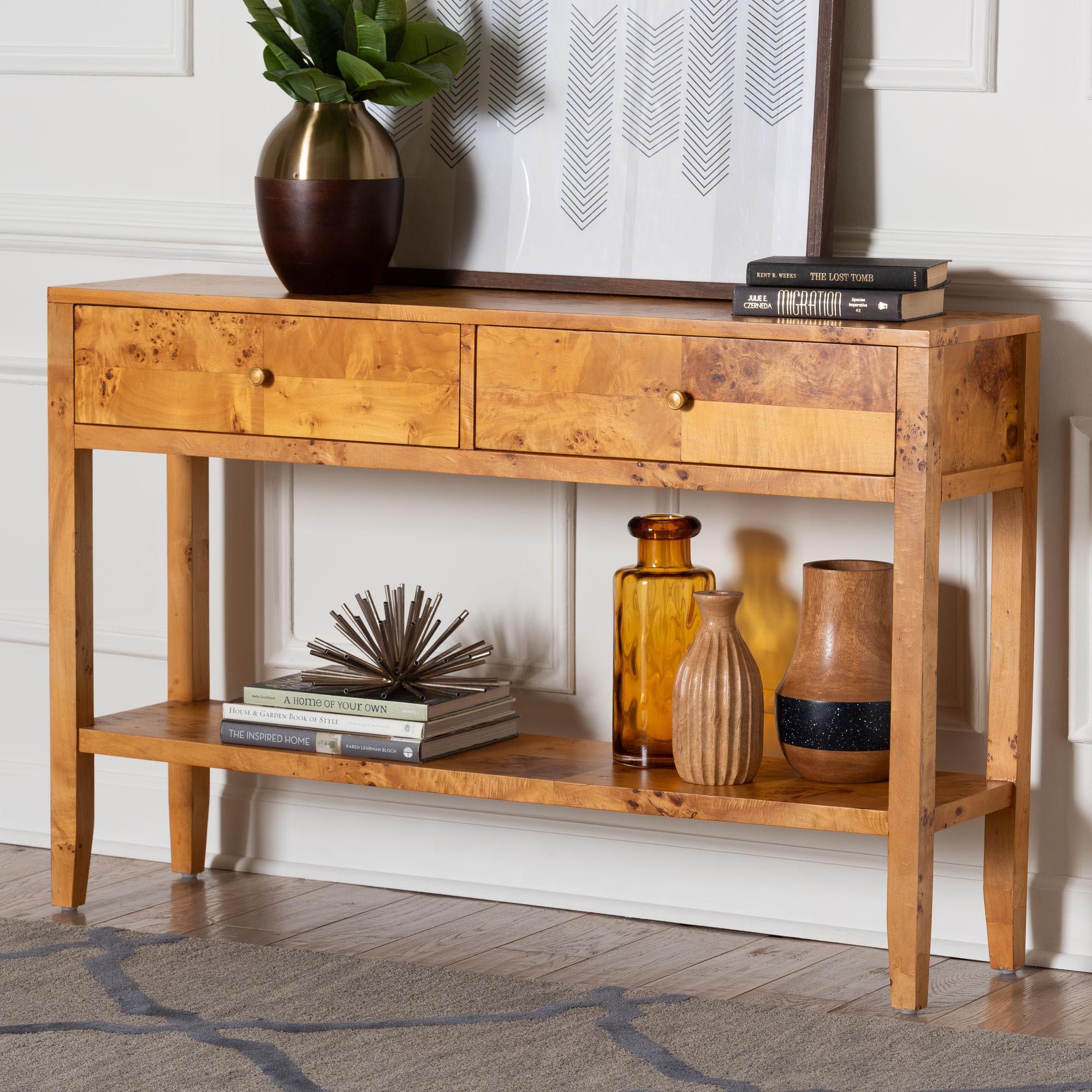 bali & pari Ghina Modern and Contemporary Light Mappa Real Burl Wood 2-Drawer Console Table