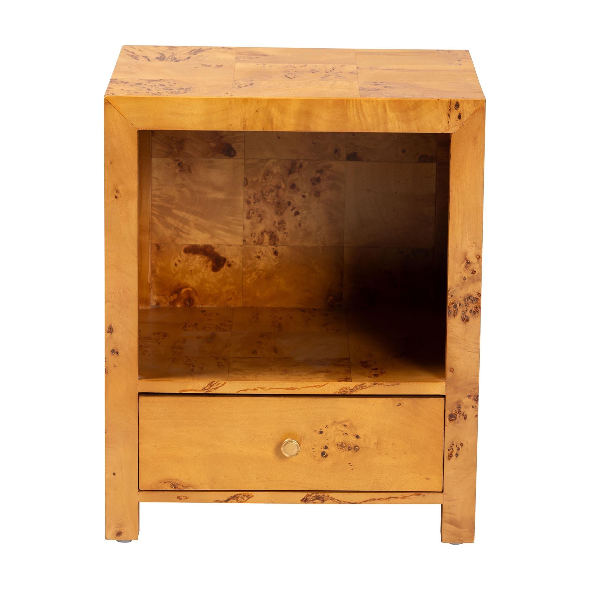 bali & pari Camira Modern and Contemporary Light Mappa Real Burl Wood 1-Drawer Nightstand