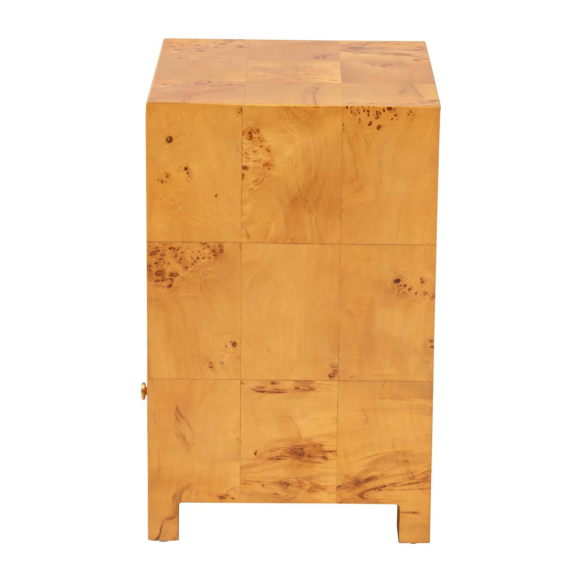 bali & pari Camira Modern and Contemporary Light Mappa Real Burl Wood 1-Drawer Nightstand