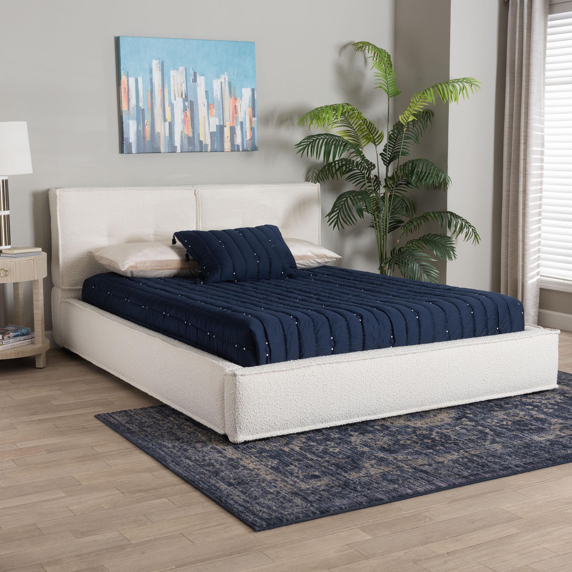 Laverick Modern Cream Boucle Platform Bed with Border Piping