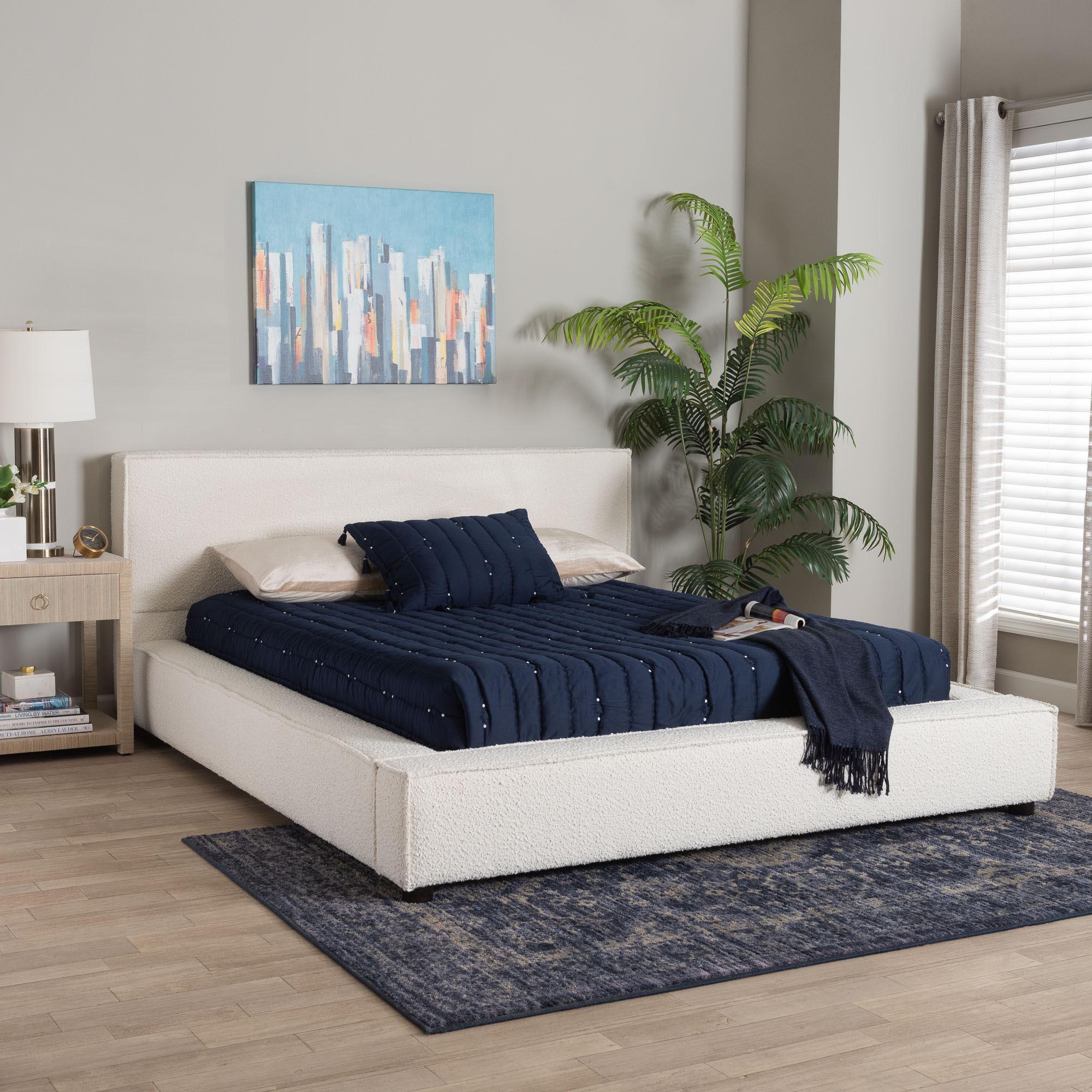 Bardia Modern Cream Boucle Platform Bed with Wide Railing