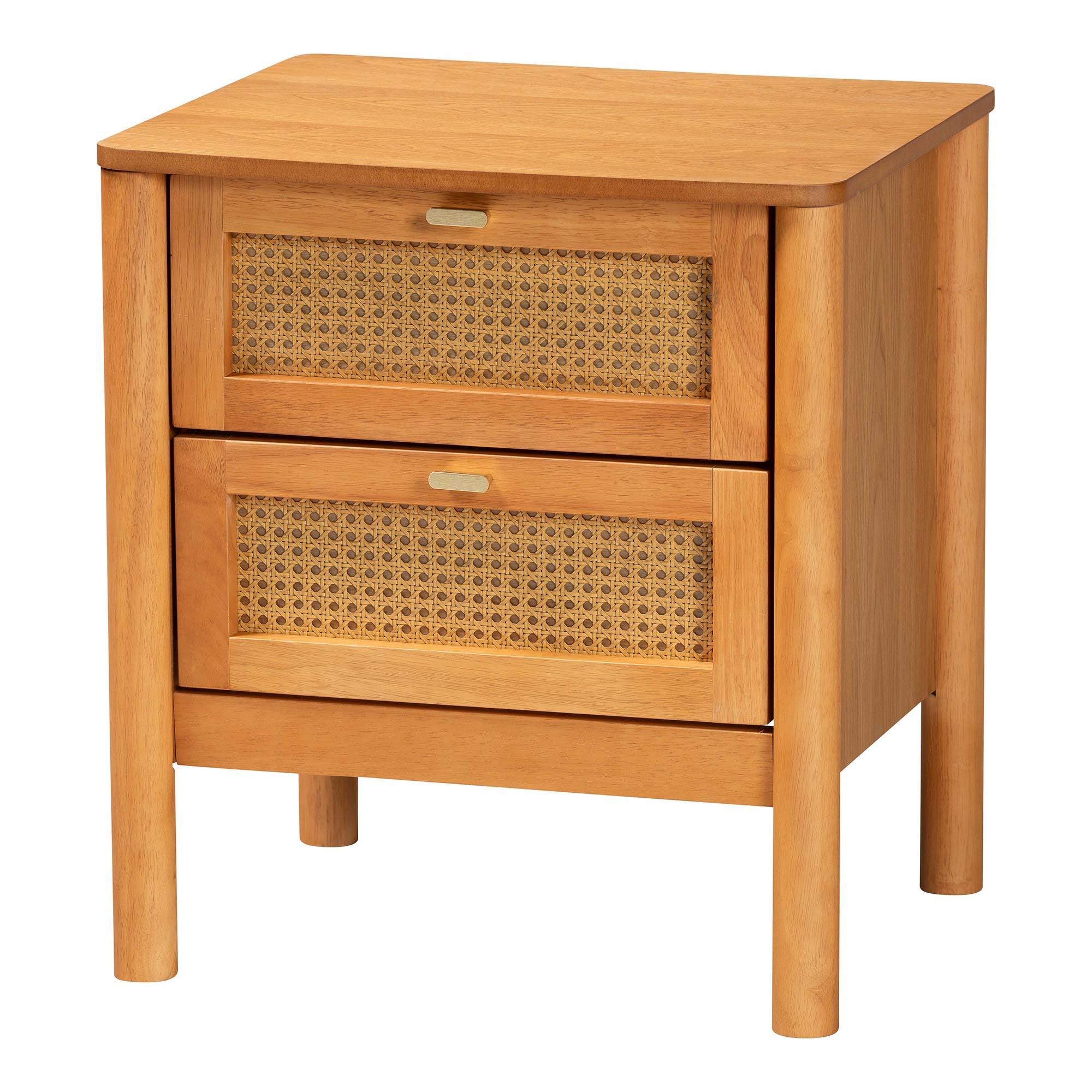 Jenn en Wood Japandi 2-Drawer Nightstand with Distressed-Finished Rattan