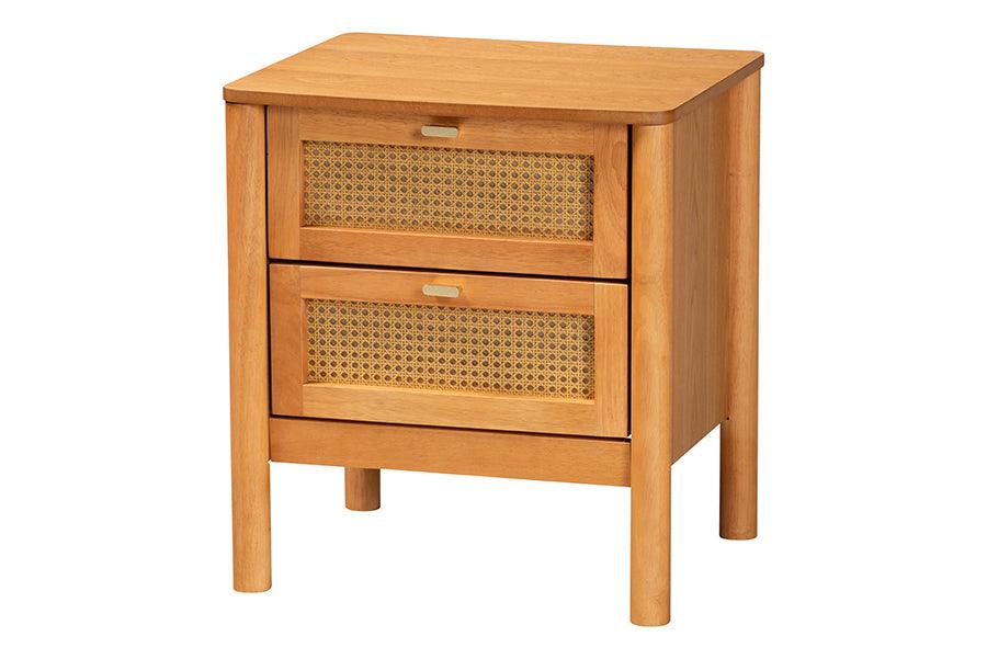 Jenn en Wood Japandi 2-Drawer Nightstand with Distressed-Finished Rattan