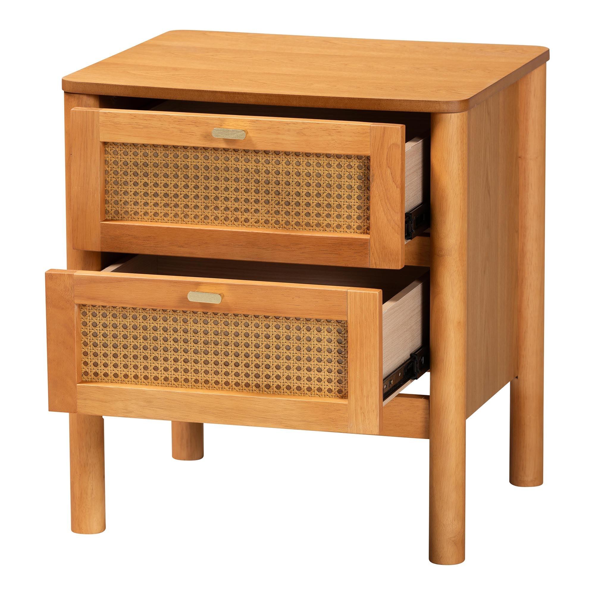 Jenn en Wood Japandi 2-Drawer Nightstand with Distressed-Finished Rattan