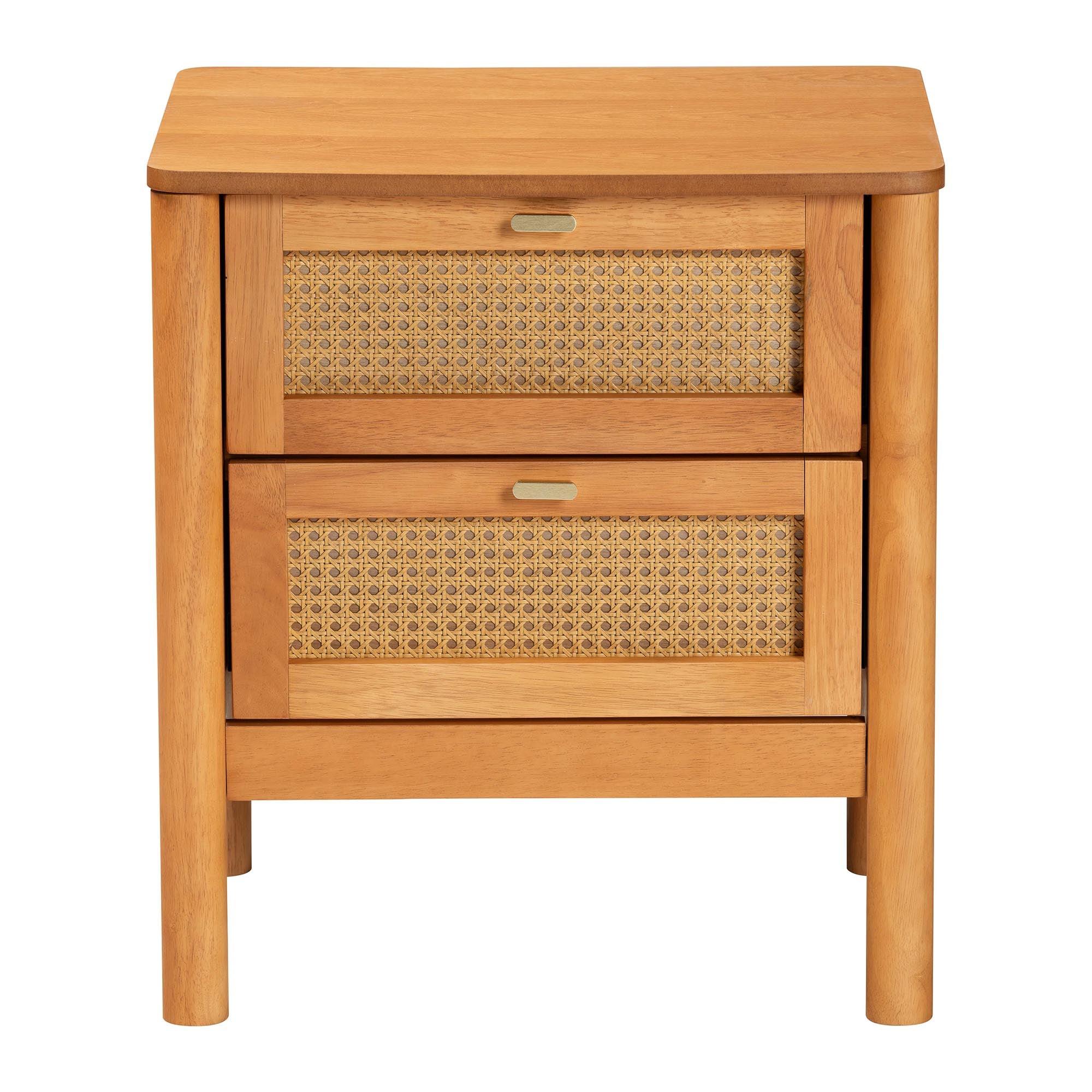 Jenn en Wood Japandi 2-Drawer Nightstand with Distressed-Finished Rattan