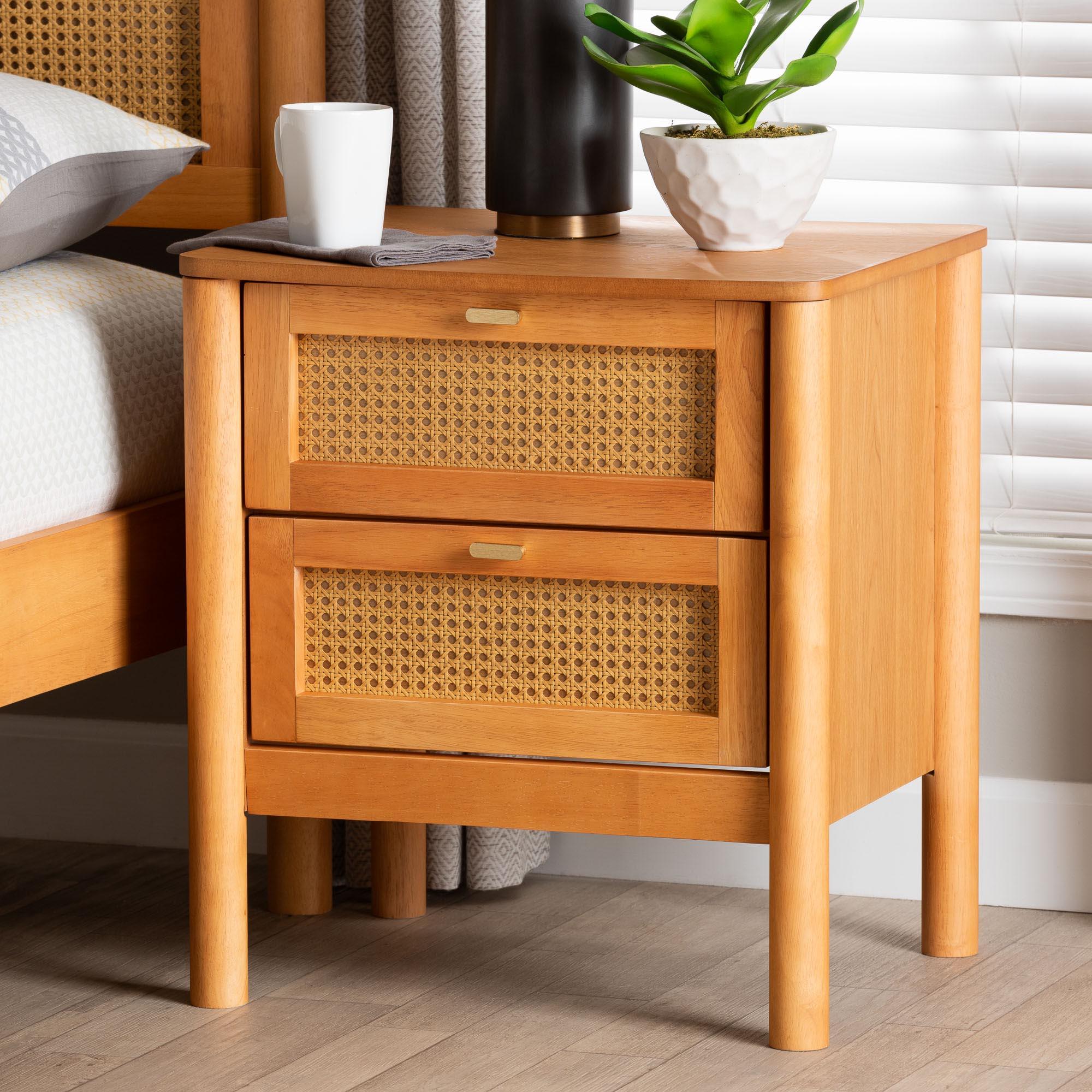 Jenn en Wood Japandi 2-Drawer Nightstand with Distressed-Finished Rattan