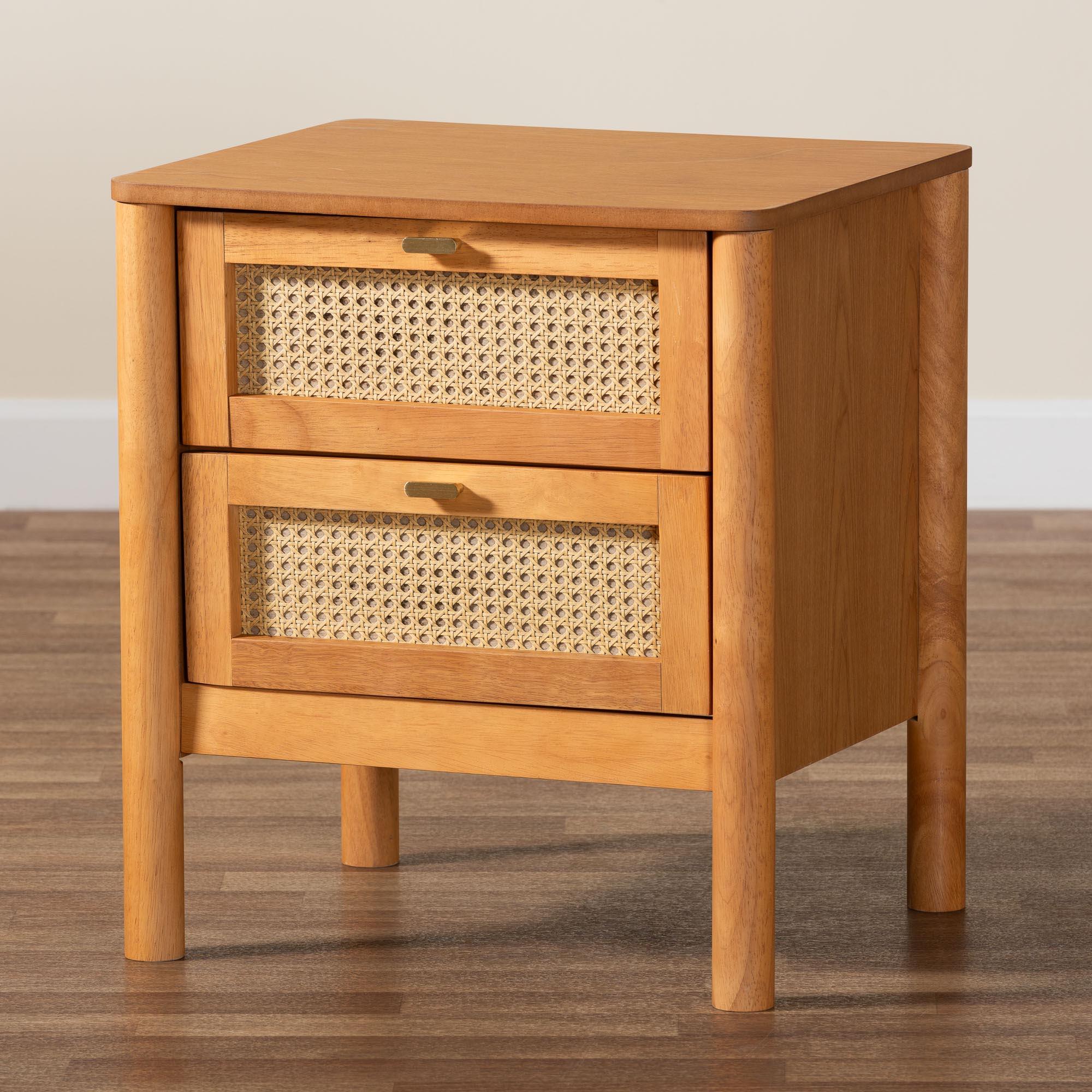 Jenn en Wood Japandi 2-Drawer Nightstand with Distressed-Finished Rattan