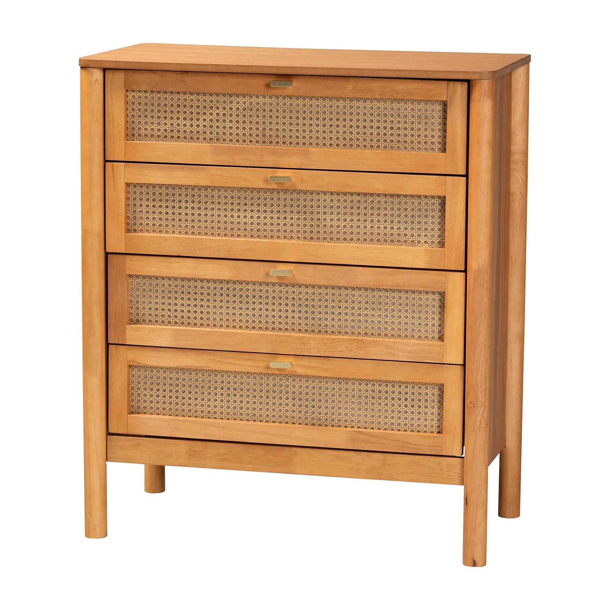 Jenn en Wood Japandi 4-Drawer Chest with Distressed-Finished Rattan