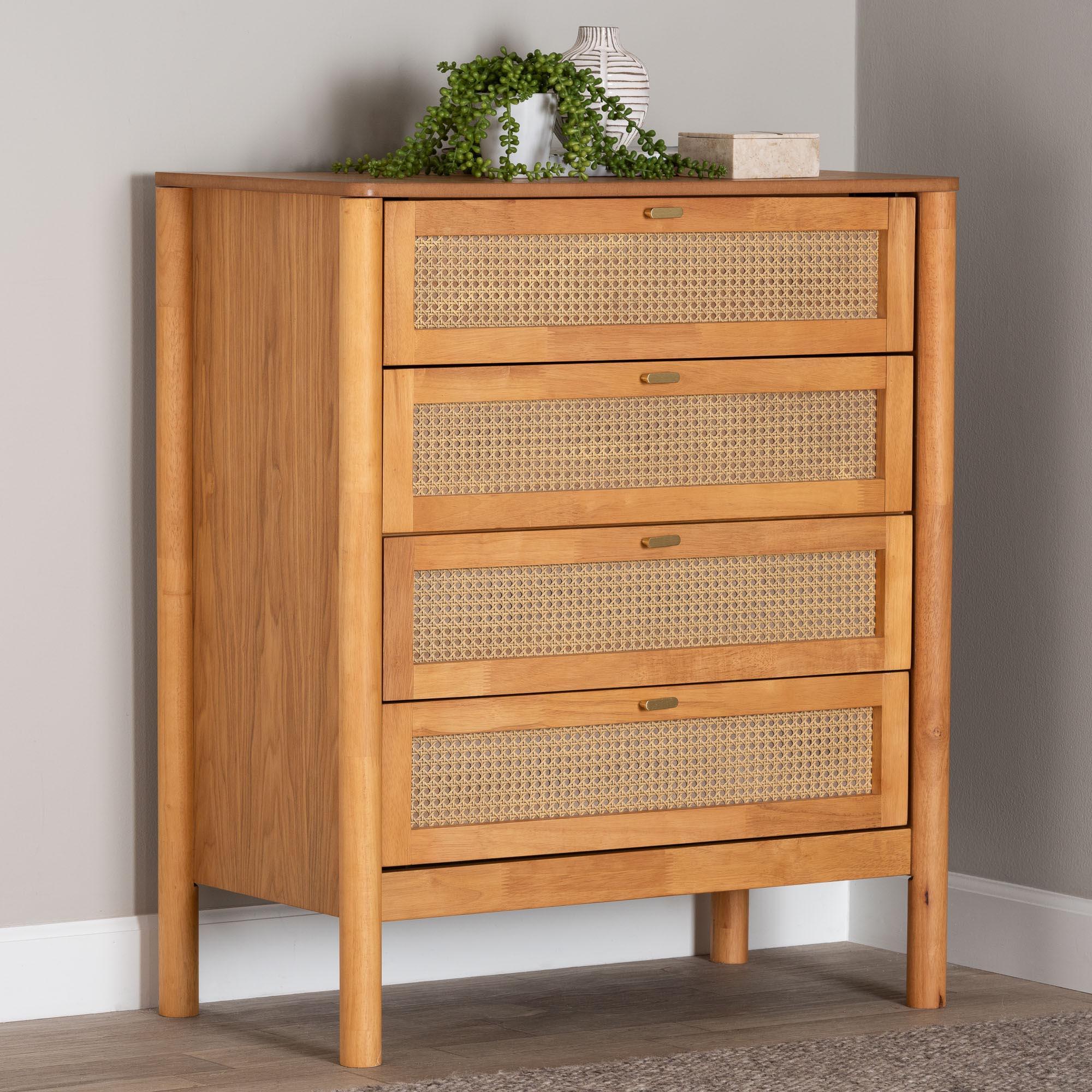 Jenn en Wood Japandi 4-Drawer Chest with Distressed-Finished Rattan