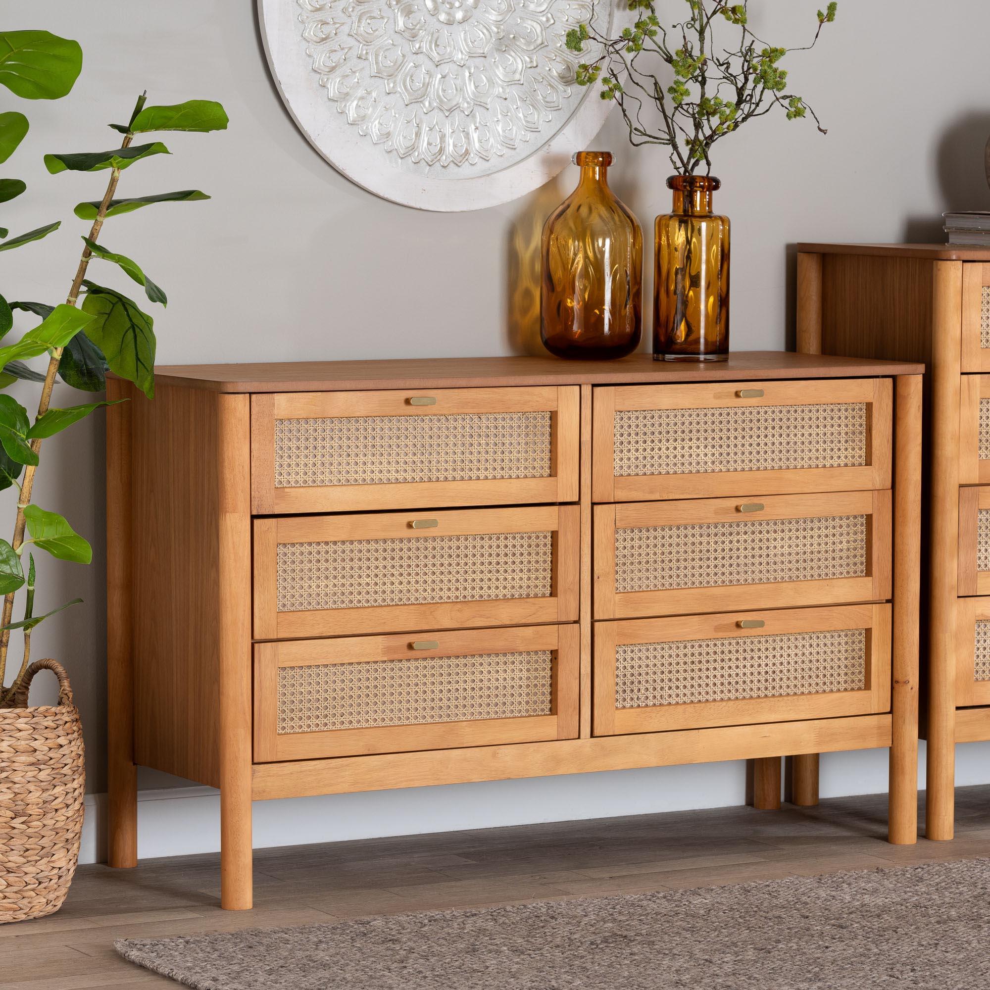 Jenn en Wood Japandi 6-Drawer Dresser with Distressed-Finished Rattan