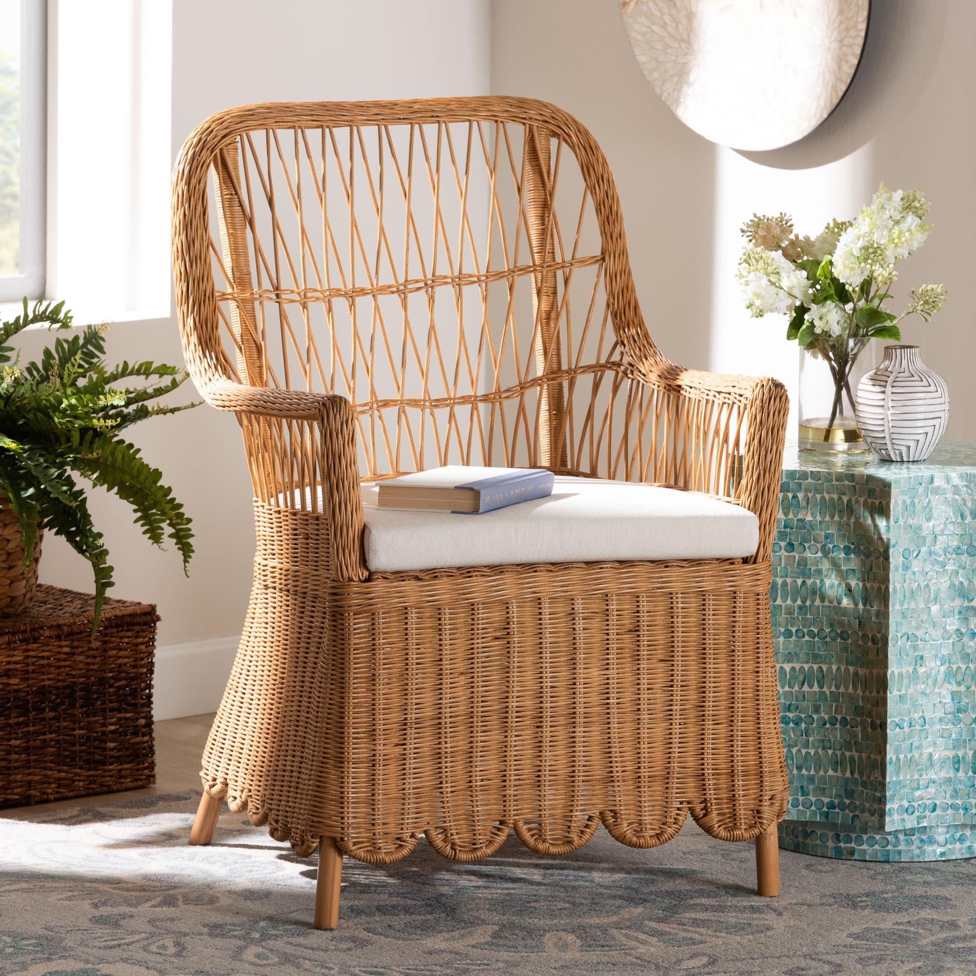 bali & pari Teresa Bohemian Light Honey Scalloped Rattan Arm Chair