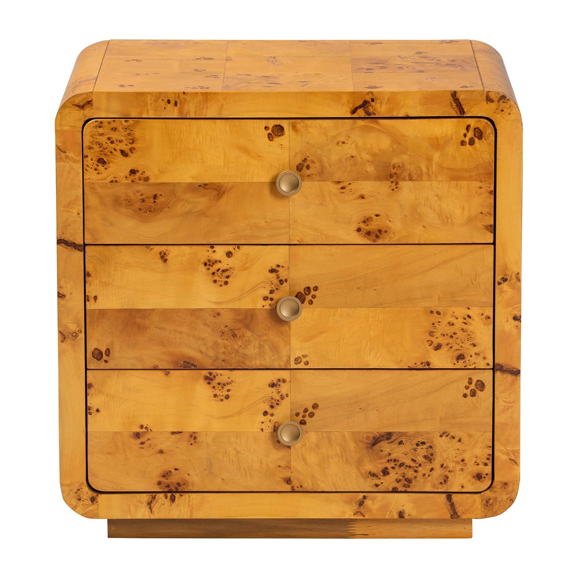 bali & pari Netra Modern and Contemporary Real Burl Wood 3-Drawer Nightstand