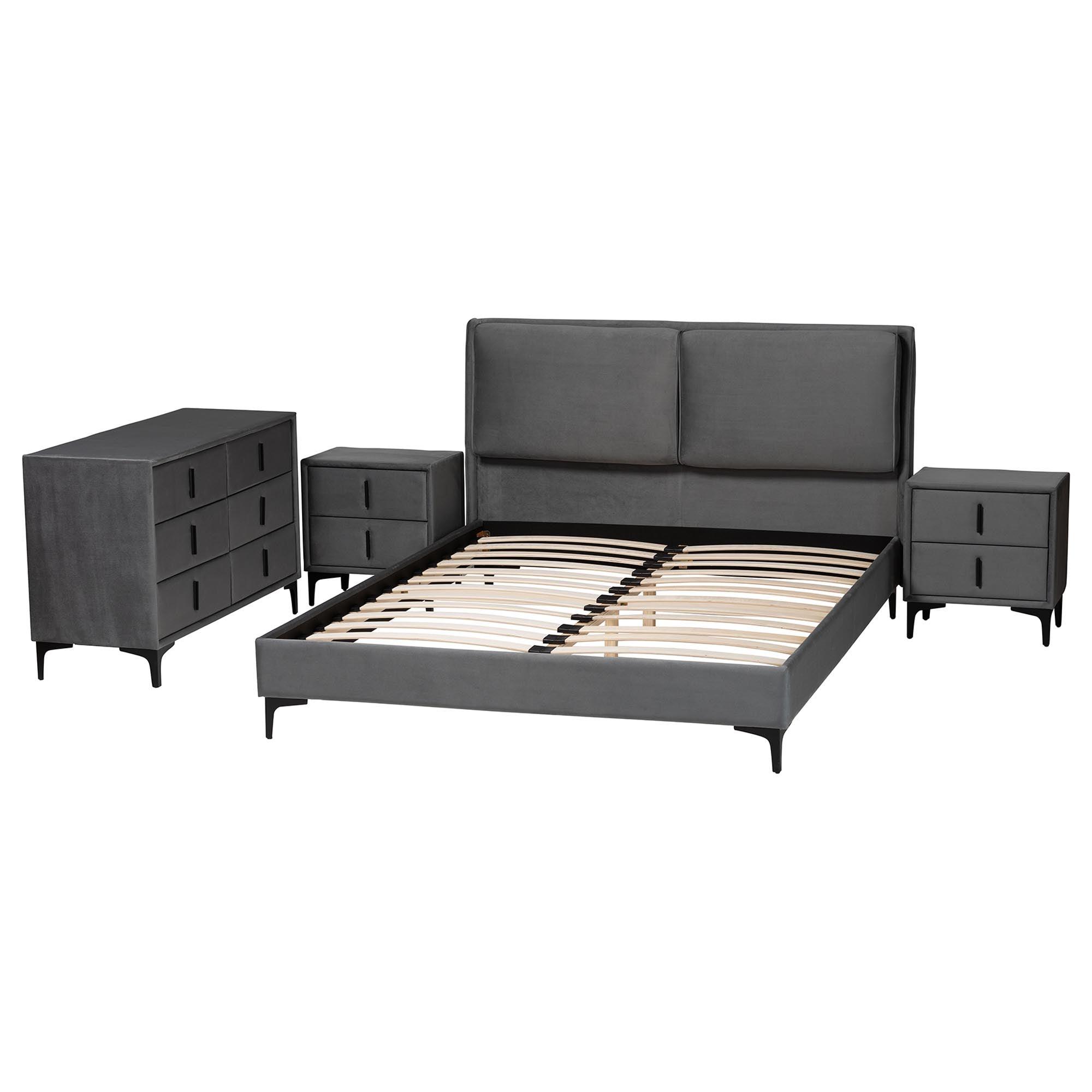 Etienne Modern Slate Velvet 4-Piece Bedroom Set