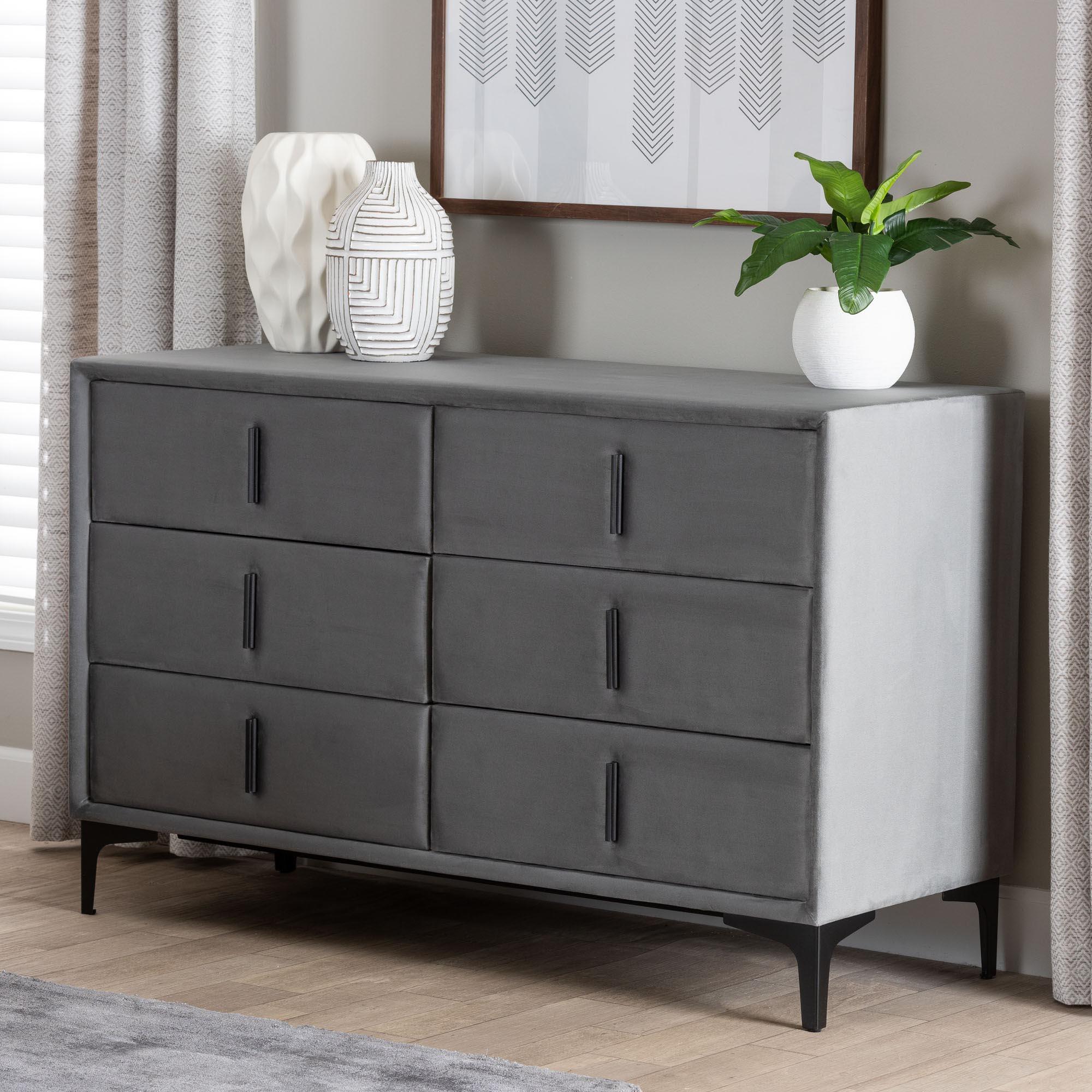 Etienne Modern Slate Velvet 6-Drawer Dresser