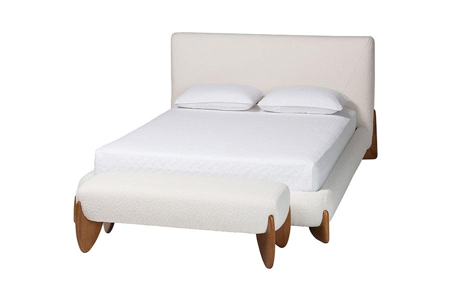 Vinicio Mid-Century Modern Cream Boucle 2-Piece Bedroom Set