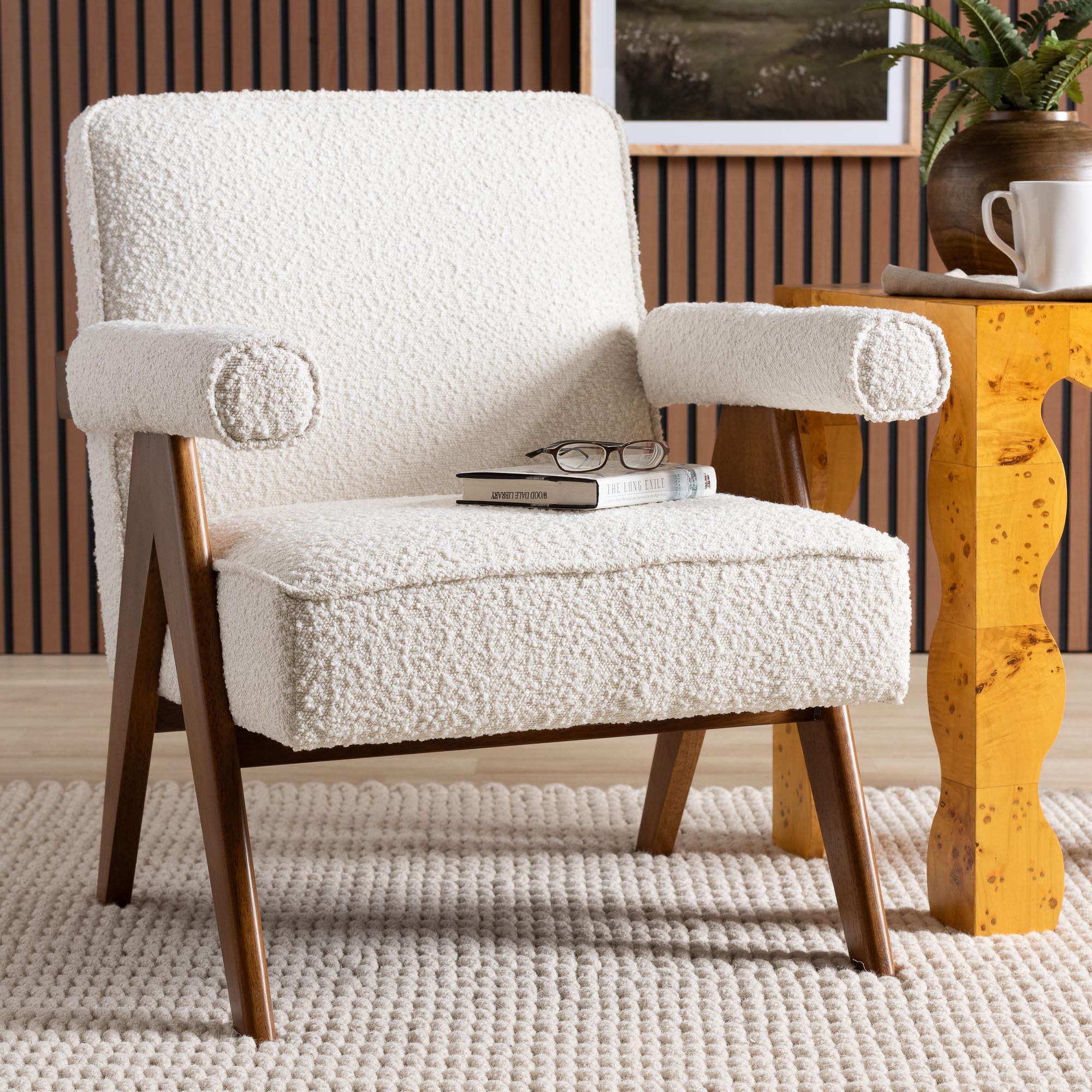 Georgina Japandi Cream Boucle and Wood Accent Chair