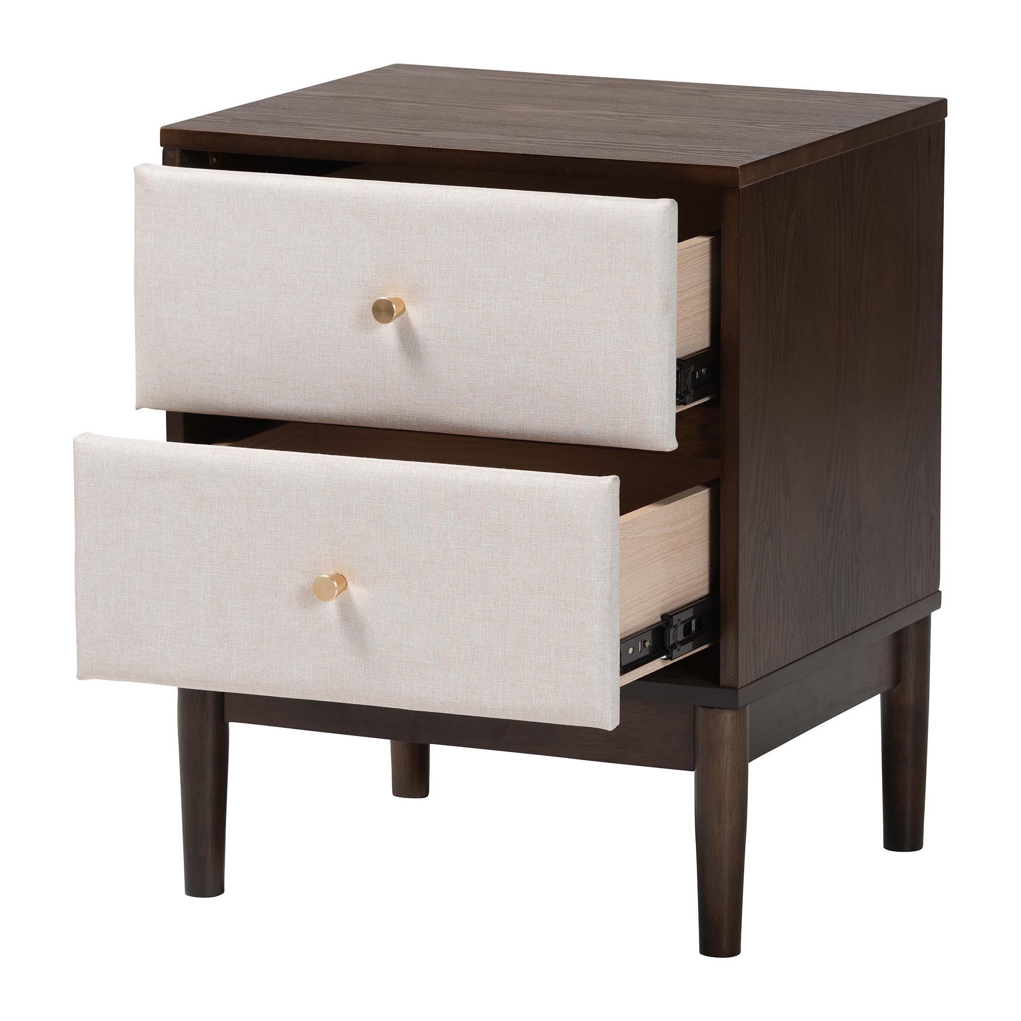 Nikolai Mid-Century Fabric and Wood 2-Drawer Nightstand