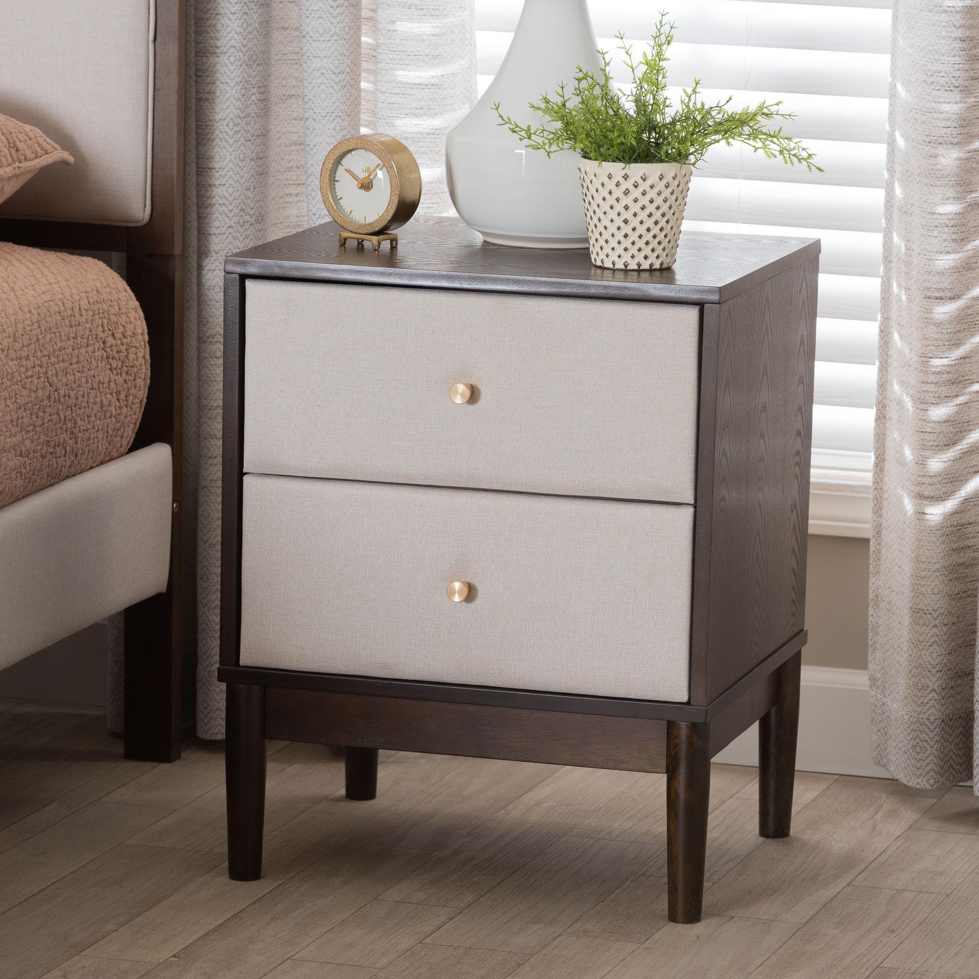 Nikolai Mid-Century Fabric and Wood 2-Drawer Nightstand