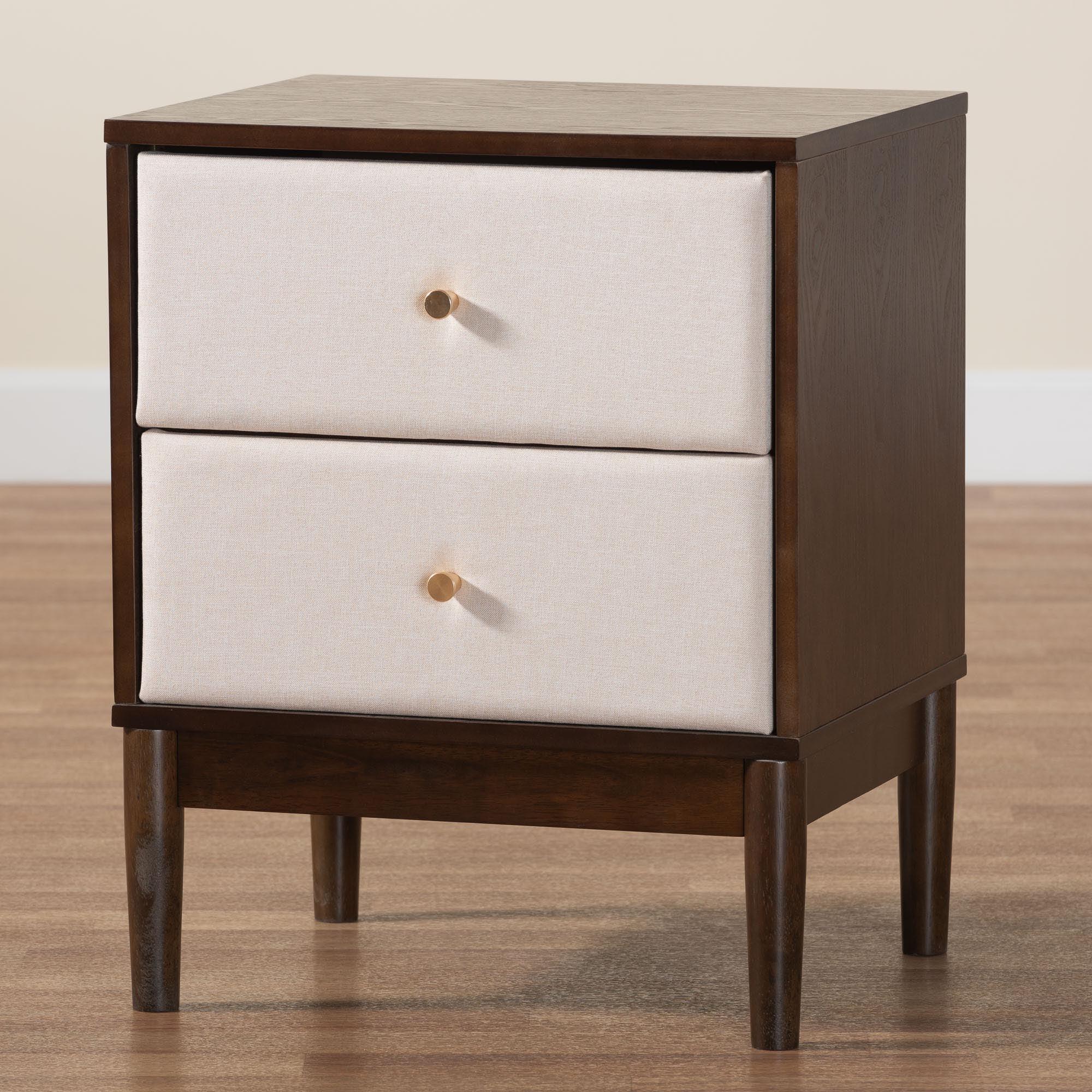 Nikolai Mid-Century Fabric and Wood 2-Drawer Nightstand