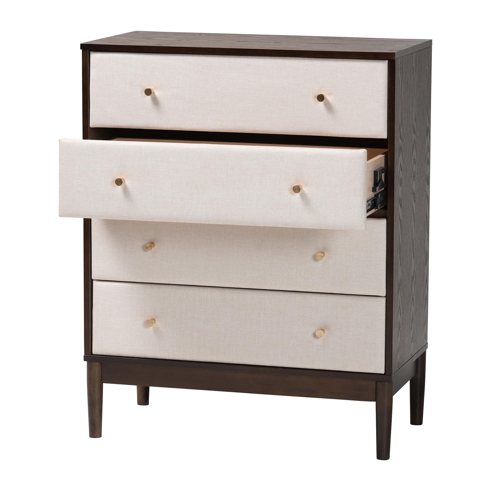 Nikolai Mid-Century Fabric and Wood 4-Drawer Chest