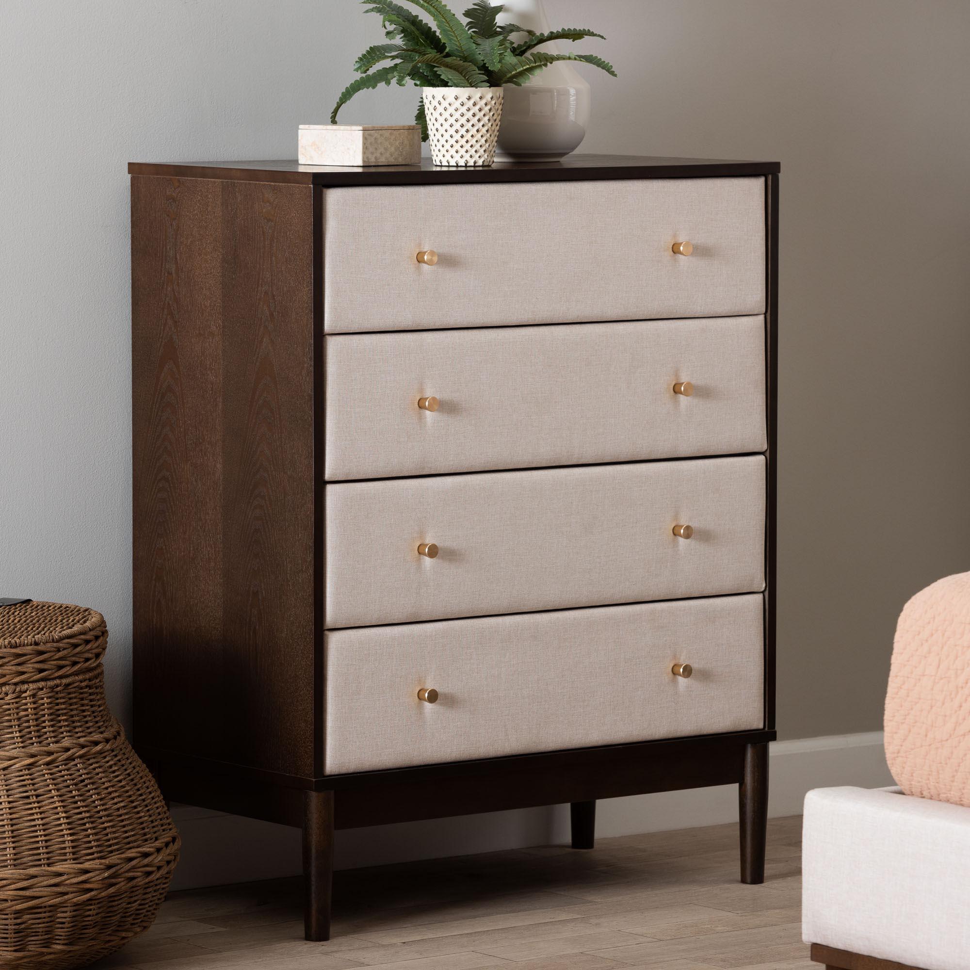 Nikolai Mid-Century Fabric and Wood 4-Drawer Chest