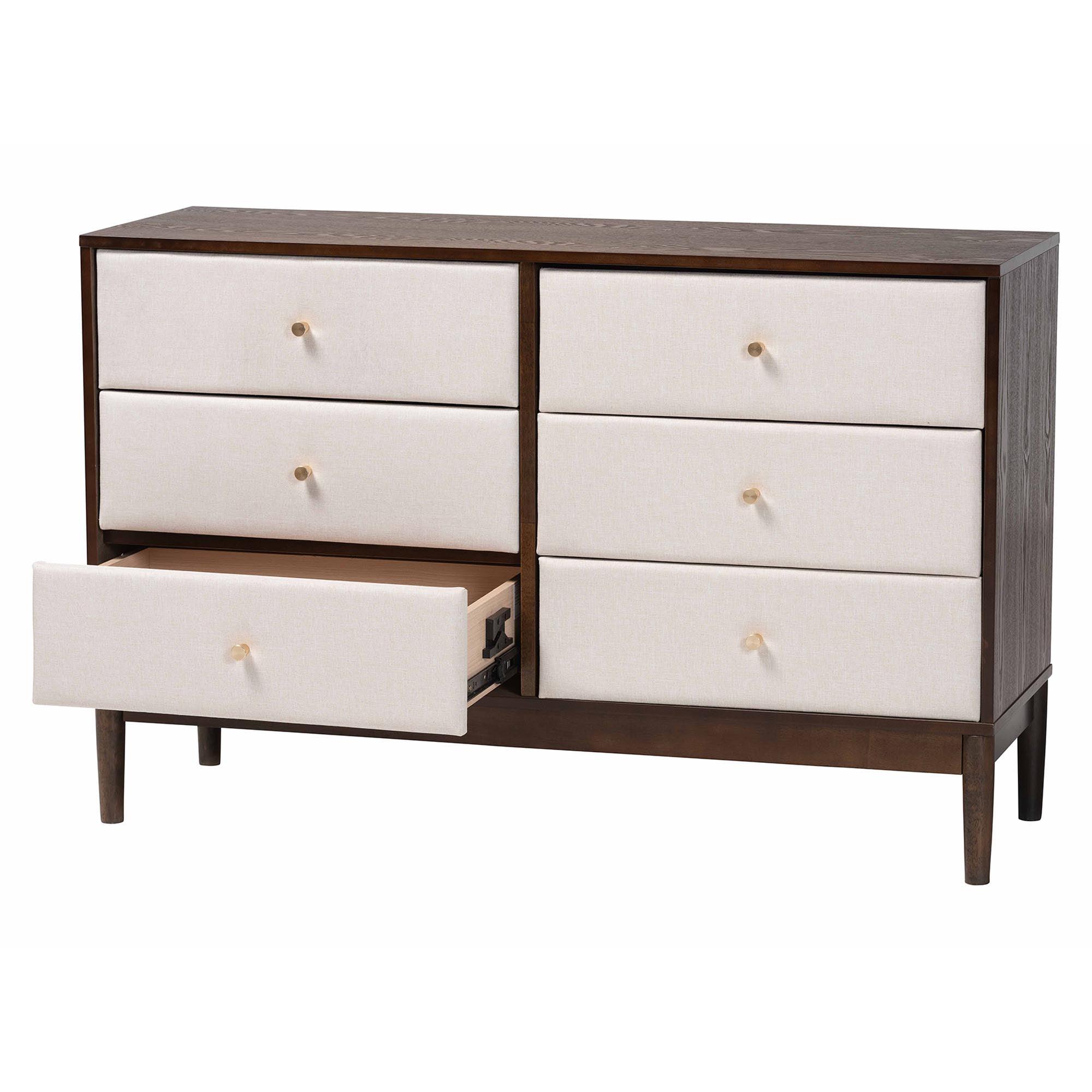 Nikolai Mid-Century Fabric and Wood 6-Drawer Dresser