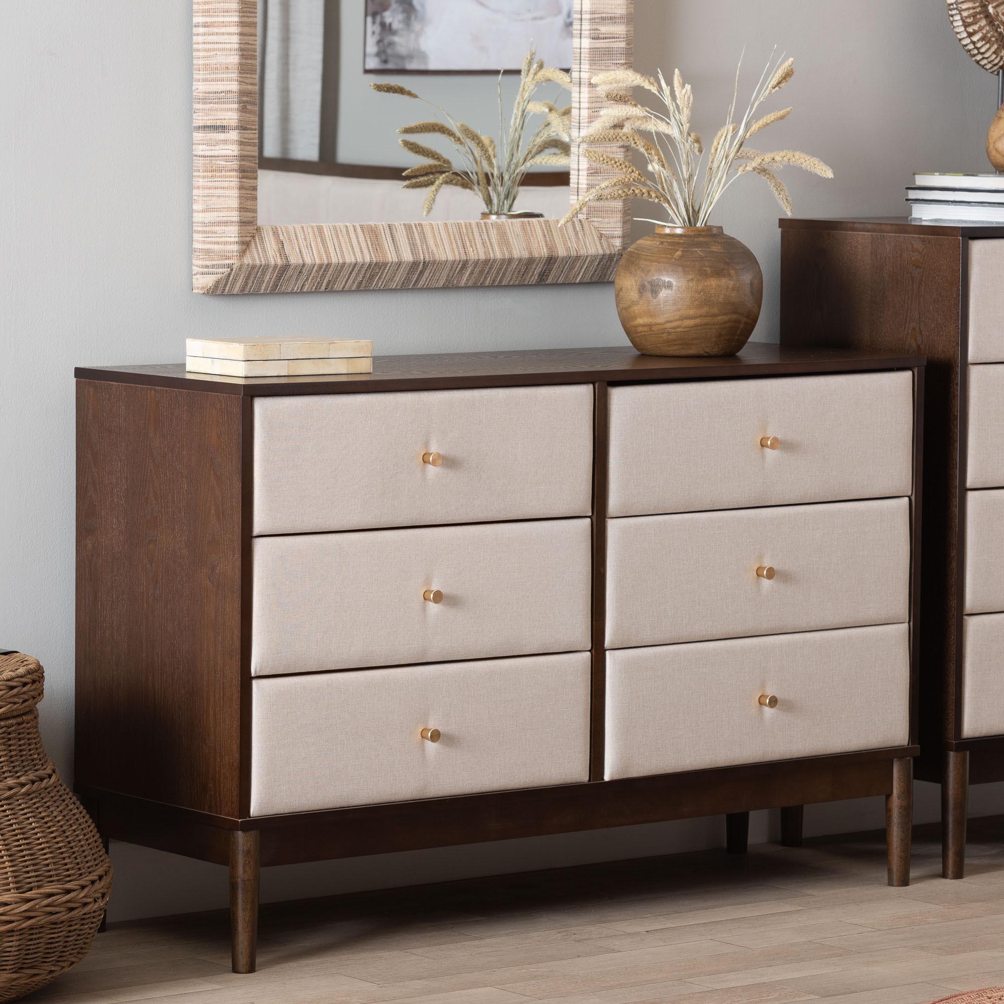 Nikolai Mid-Century Fabric and Wood 6-Drawer Dresser