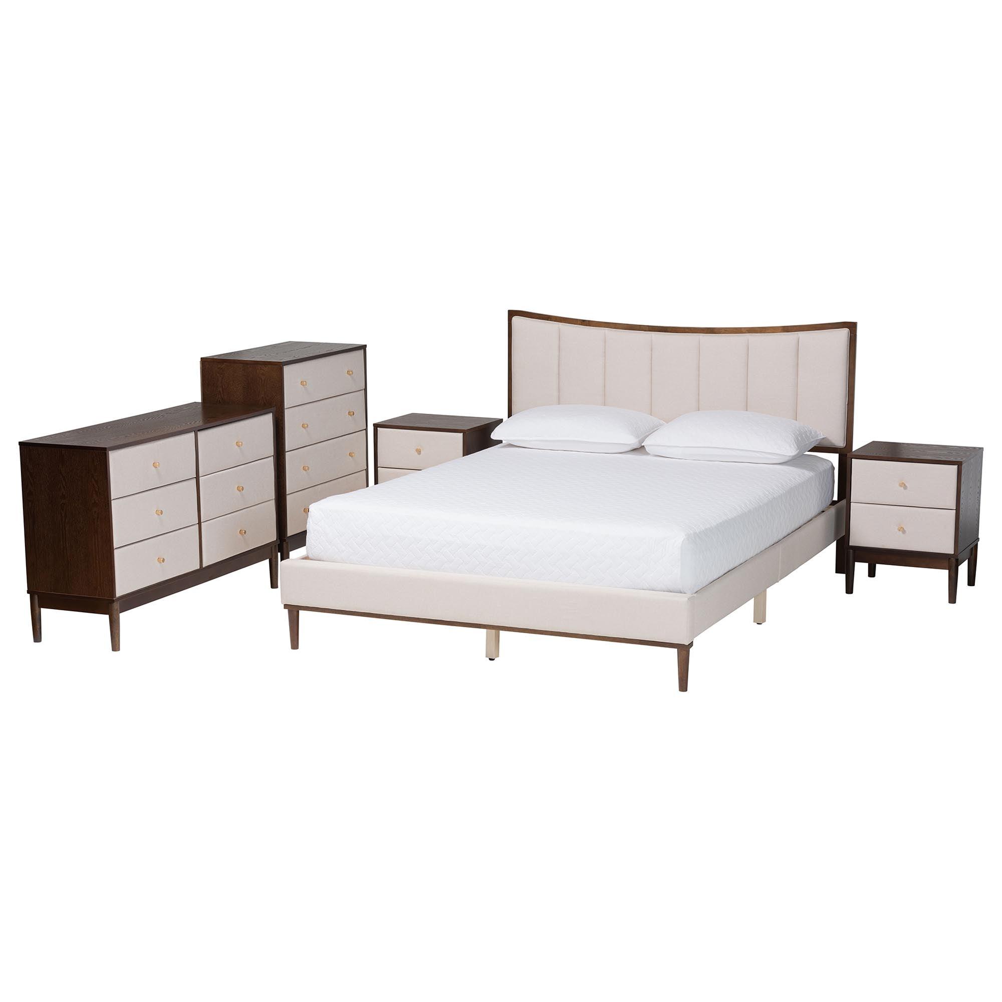 Nikolai Mid-Century Channel Tufted Fabric and Wood 5-Piece Bedroom Set