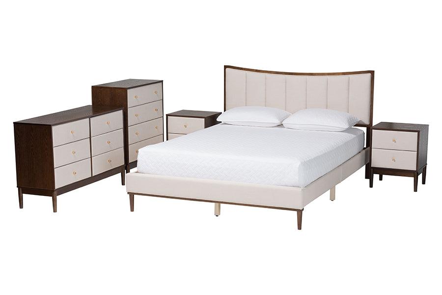 Nikolai Mid-Century Channel Tufted Fabric and Wood 5-Piece Bedroom Set