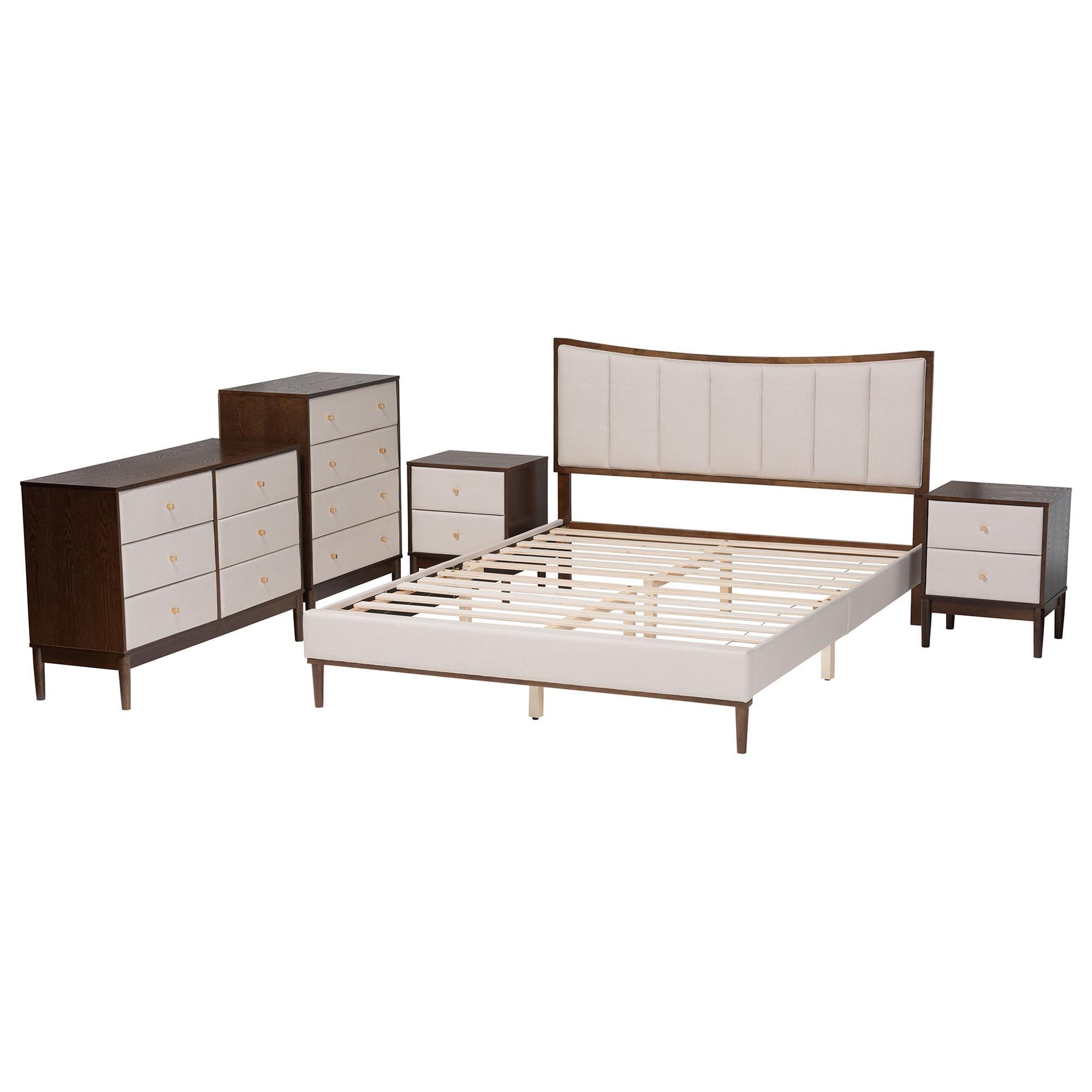 Nikolai Mid-Century Channel Tufted Fabric and Wood 5-Piece Bedroom Set