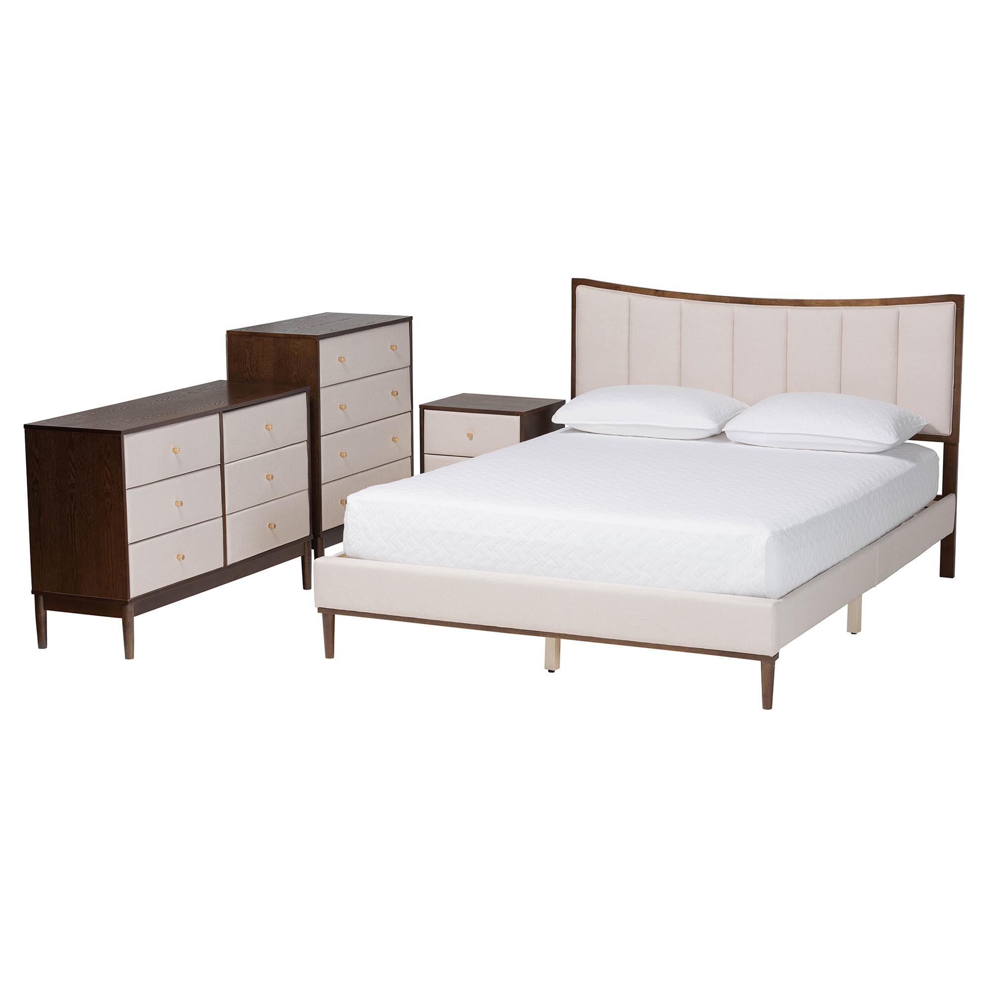 Nikolai Mid-Century Channel Tufted Fabric and Wood 4-Piece Bedroom Set