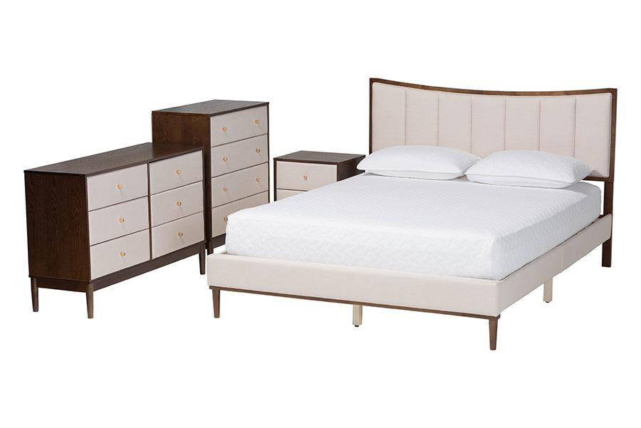 Nikolai Mid-Century Channel Tufted Fabric and Wood 4-Piece Bedroom Set