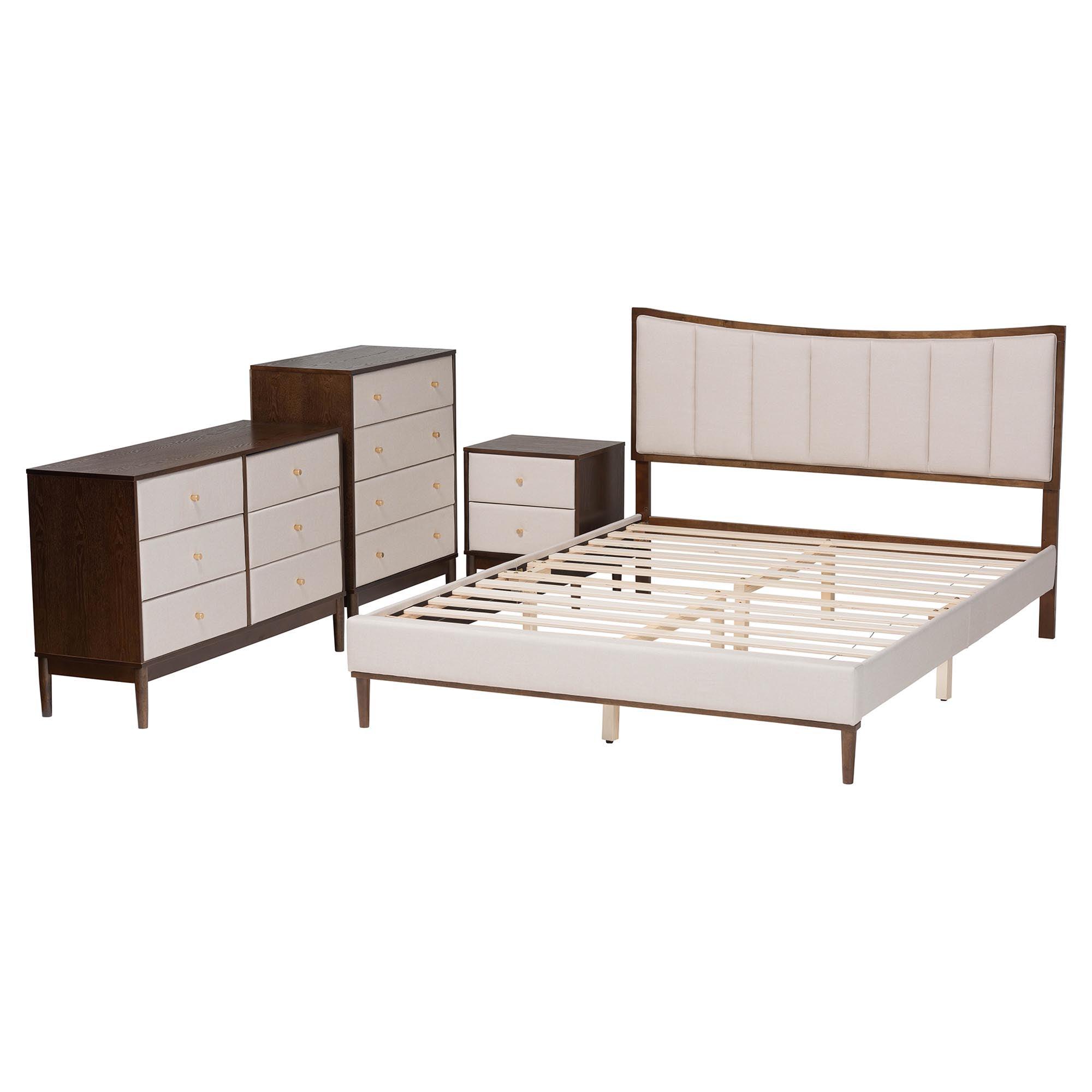 Nikolai Mid-Century Channel Tufted Fabric and Wood 4-Piece Bedroom Set