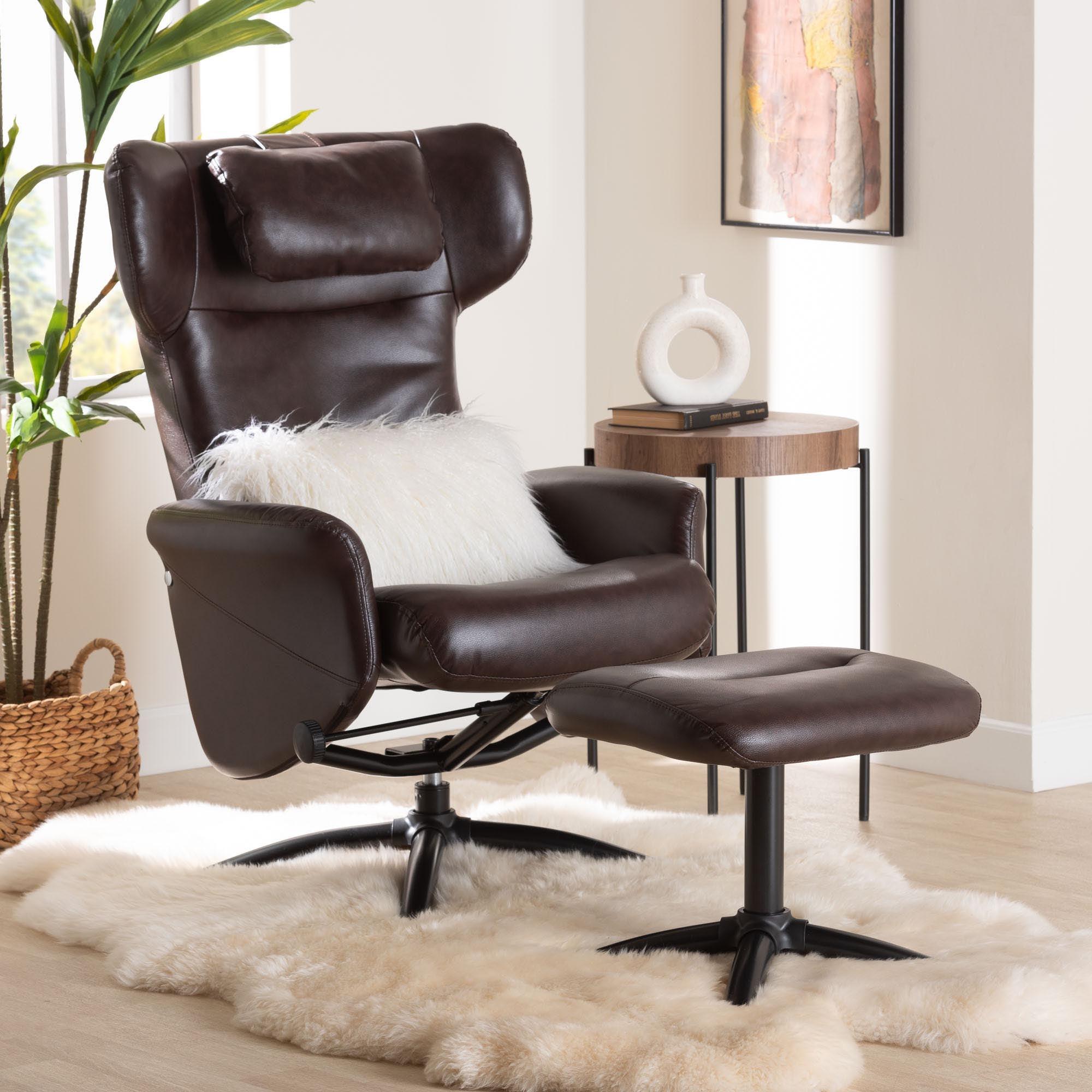 Elwood Modern Faux Leather 2-Piece Lounge Chair and Footrest Set