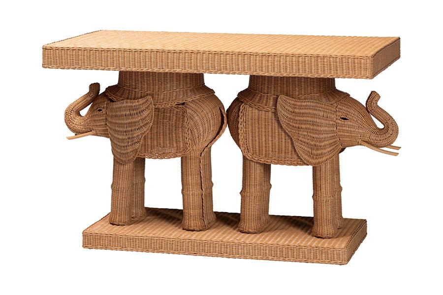 bali & pari Elissa Bohemian Honey Rattan Elephant Console Table