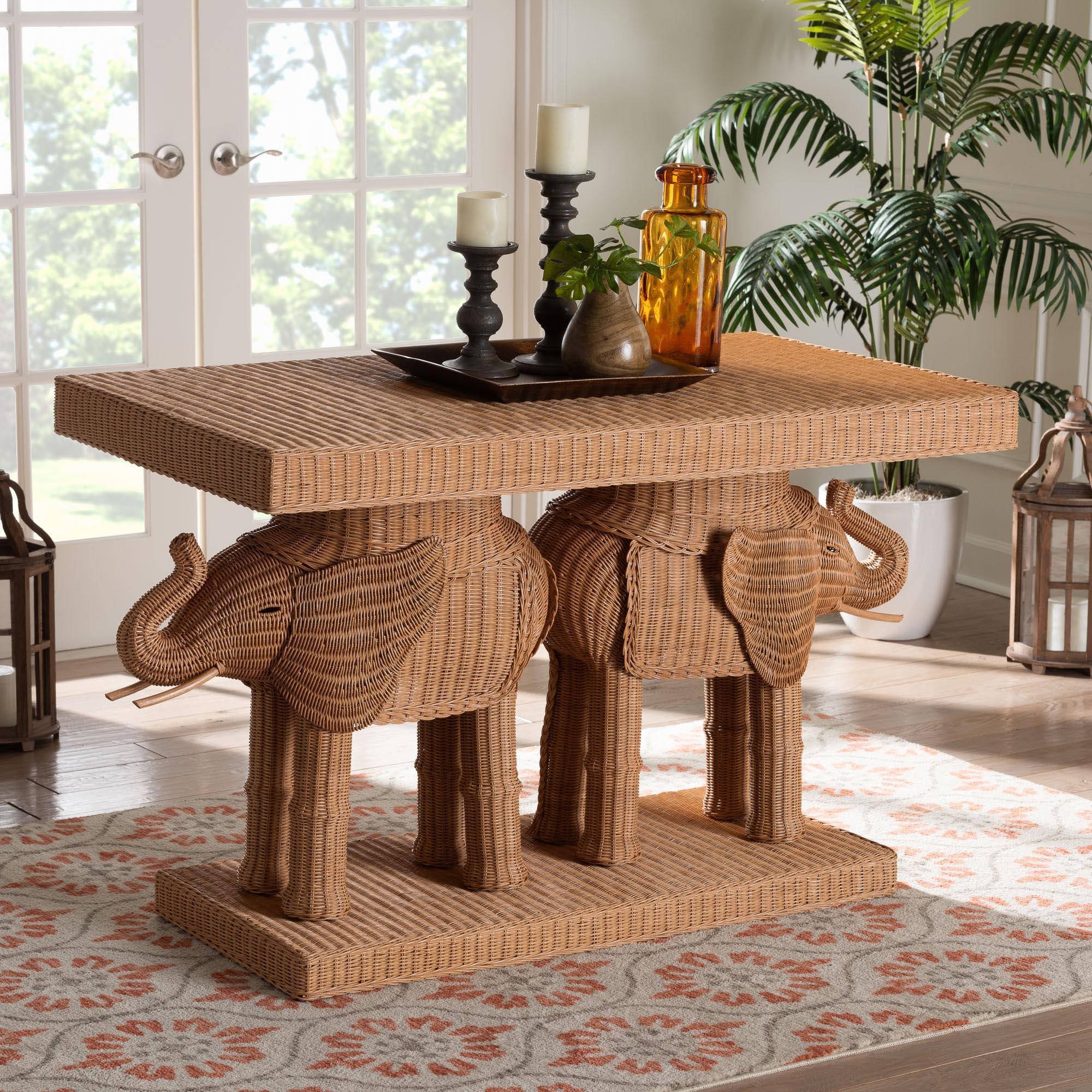 bali & pari Elissa Bohemian Honey Rattan Elephant Console Table