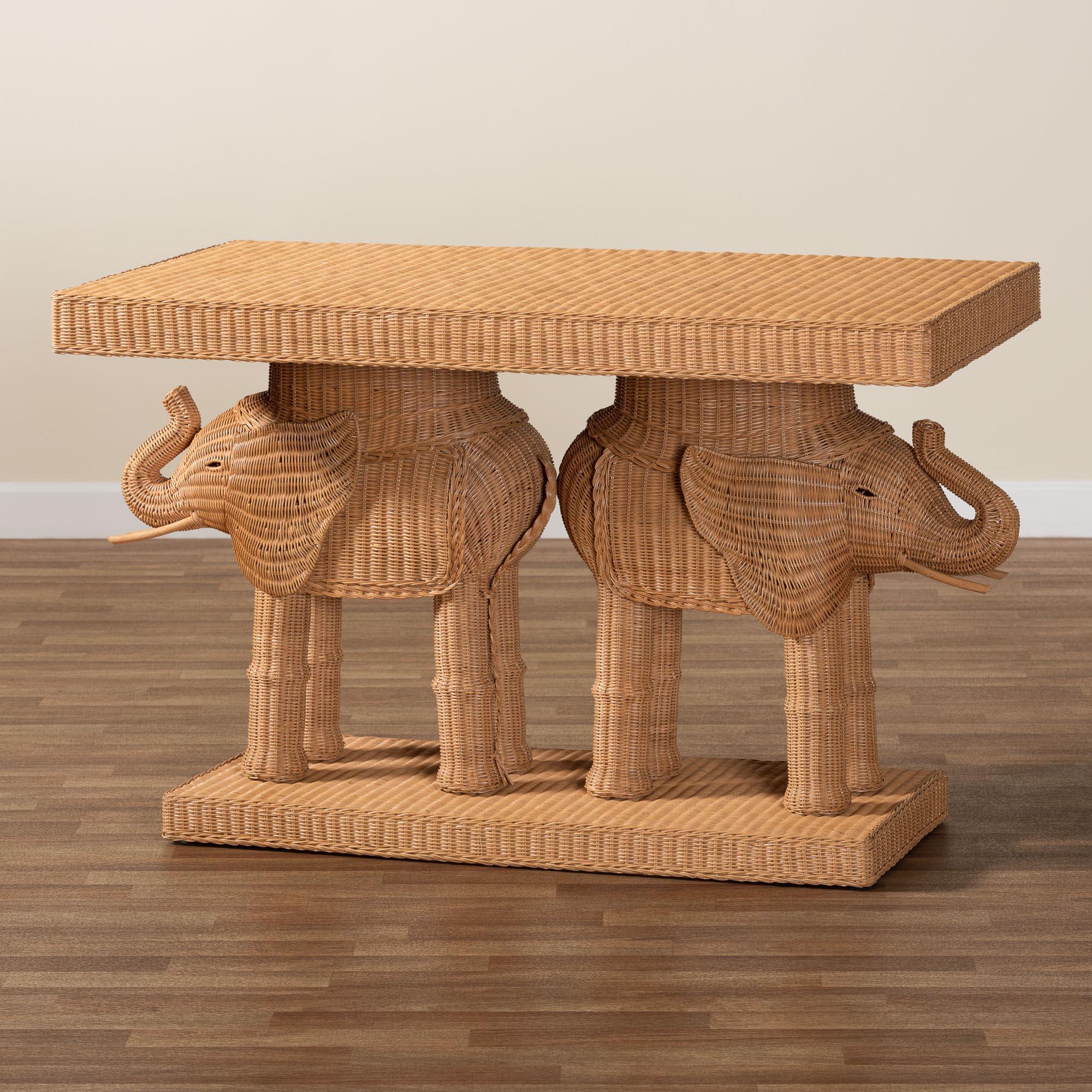 bali & pari Elissa Bohemian Honey Rattan Elephant Console Table