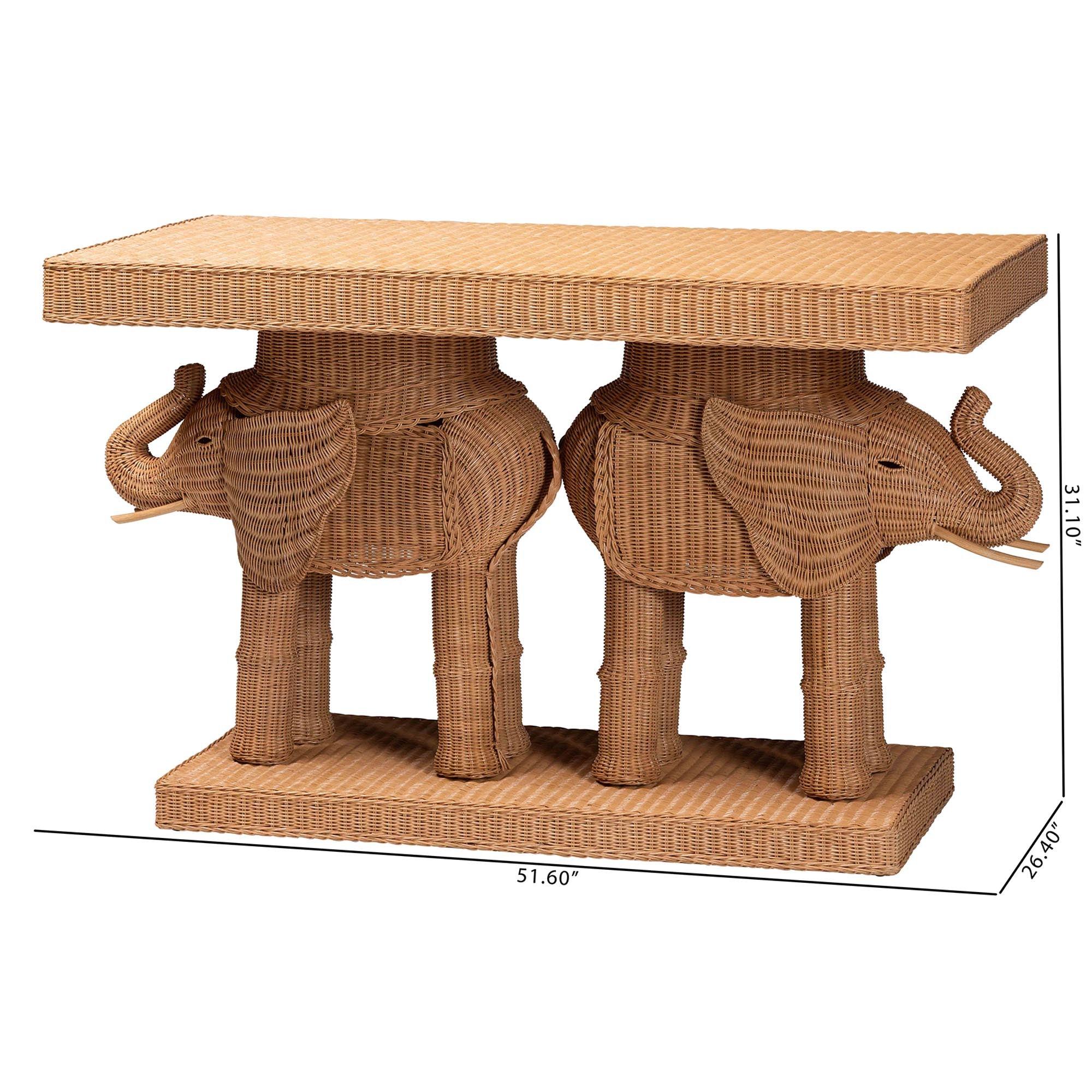 bali & pari Elissa Bohemian Honey Rattan Elephant Console Table