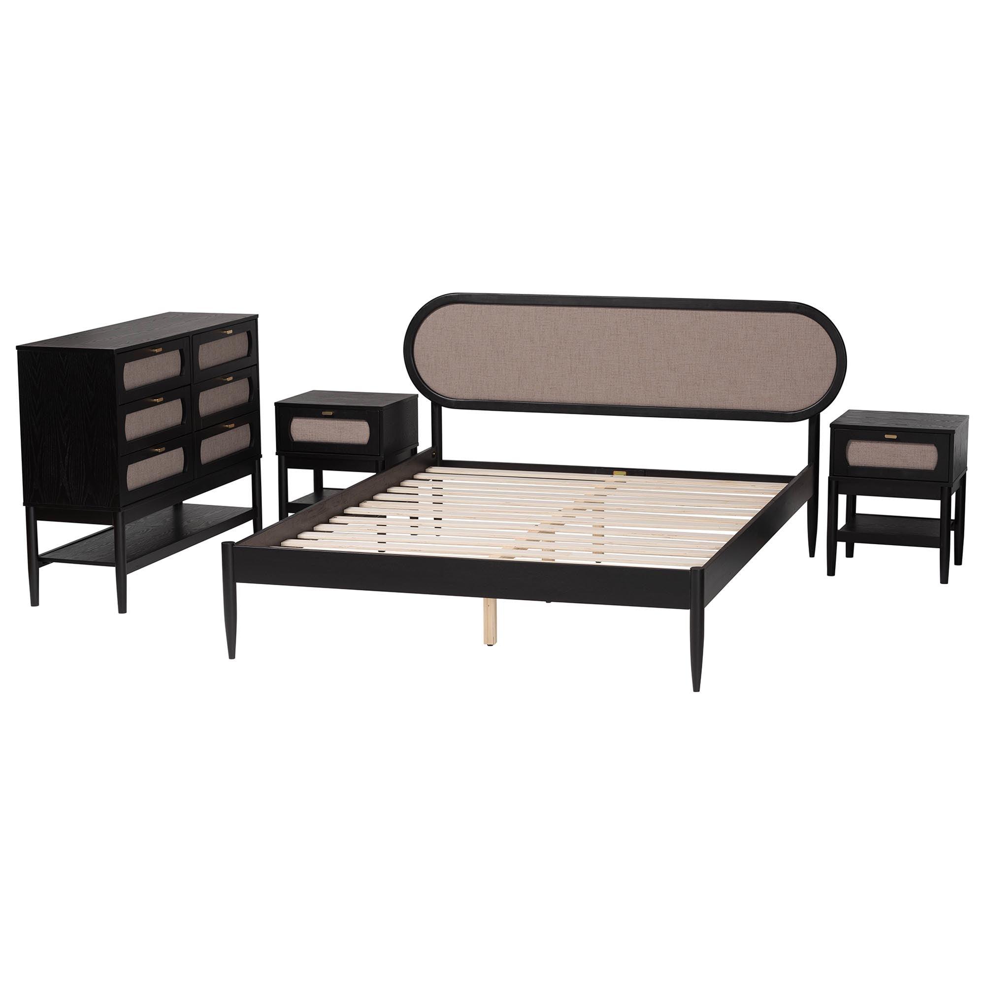 Shirin Mid-Century Fabric and Wood 4-Piece Bedroom Set with Two nightstands