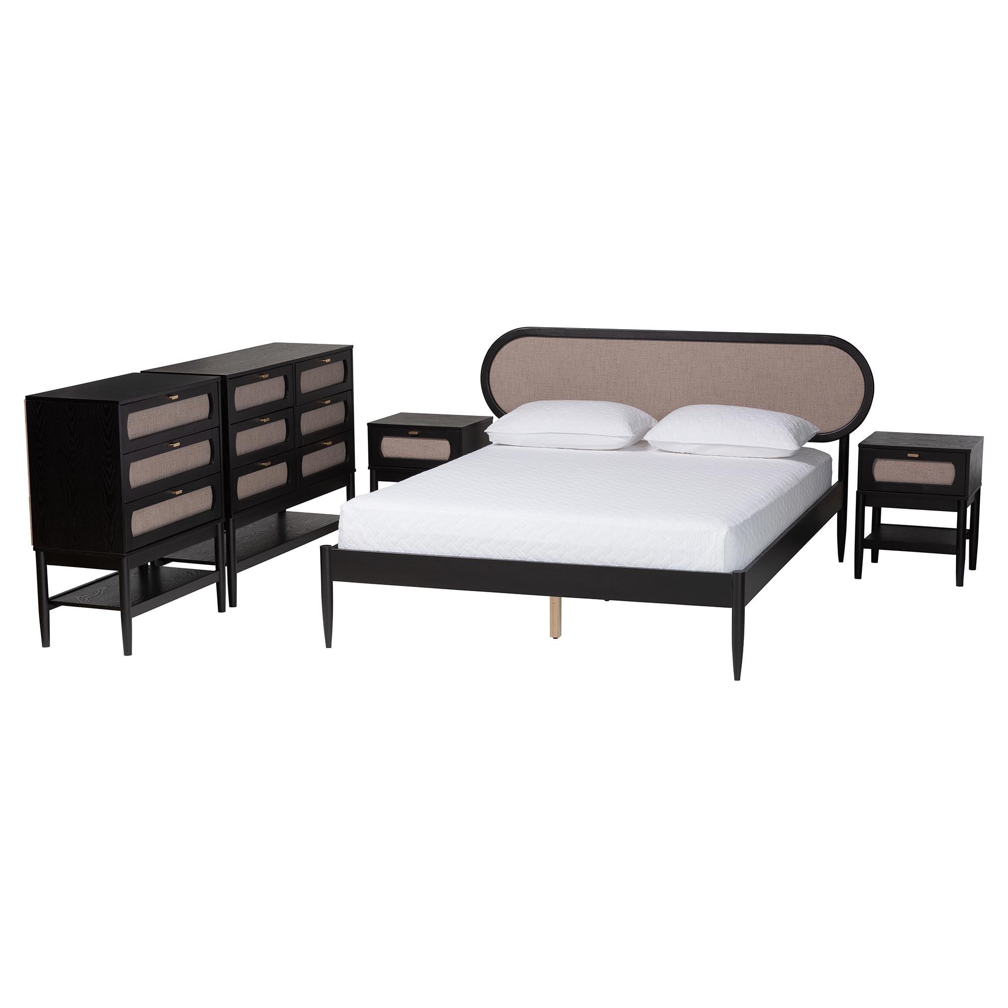 Shirin Mid-Century Fabric and Wood 5-Piece Bedroom Set