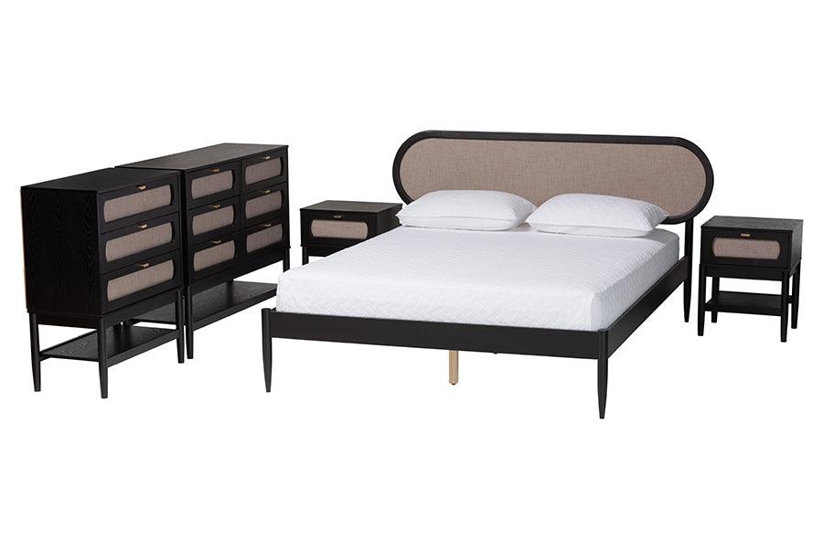 Shirin Mid-Century Fabric and Wood 5-Piece Bedroom Set