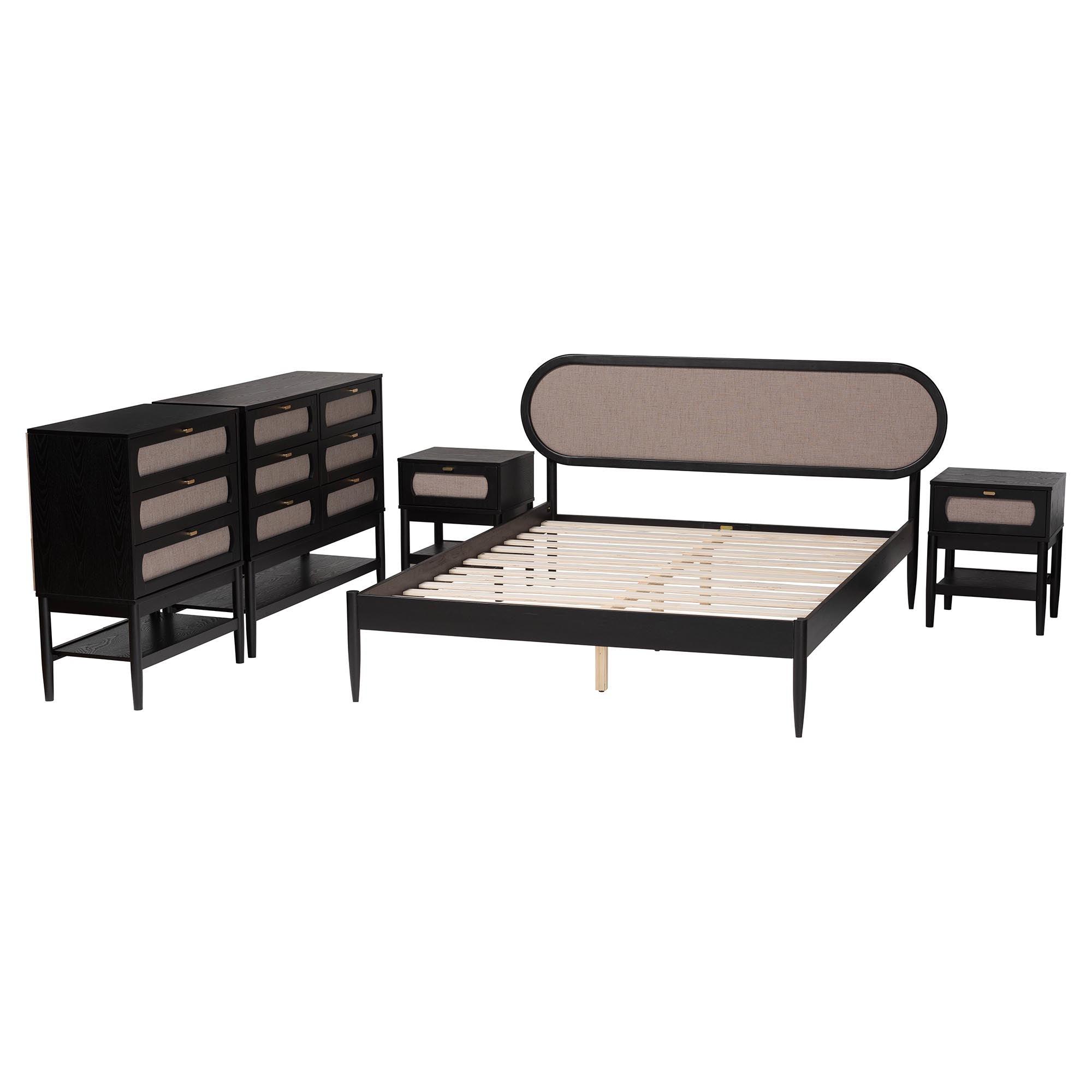 Shirin Mid-Century Fabric and Wood 5-Piece Bedroom Set