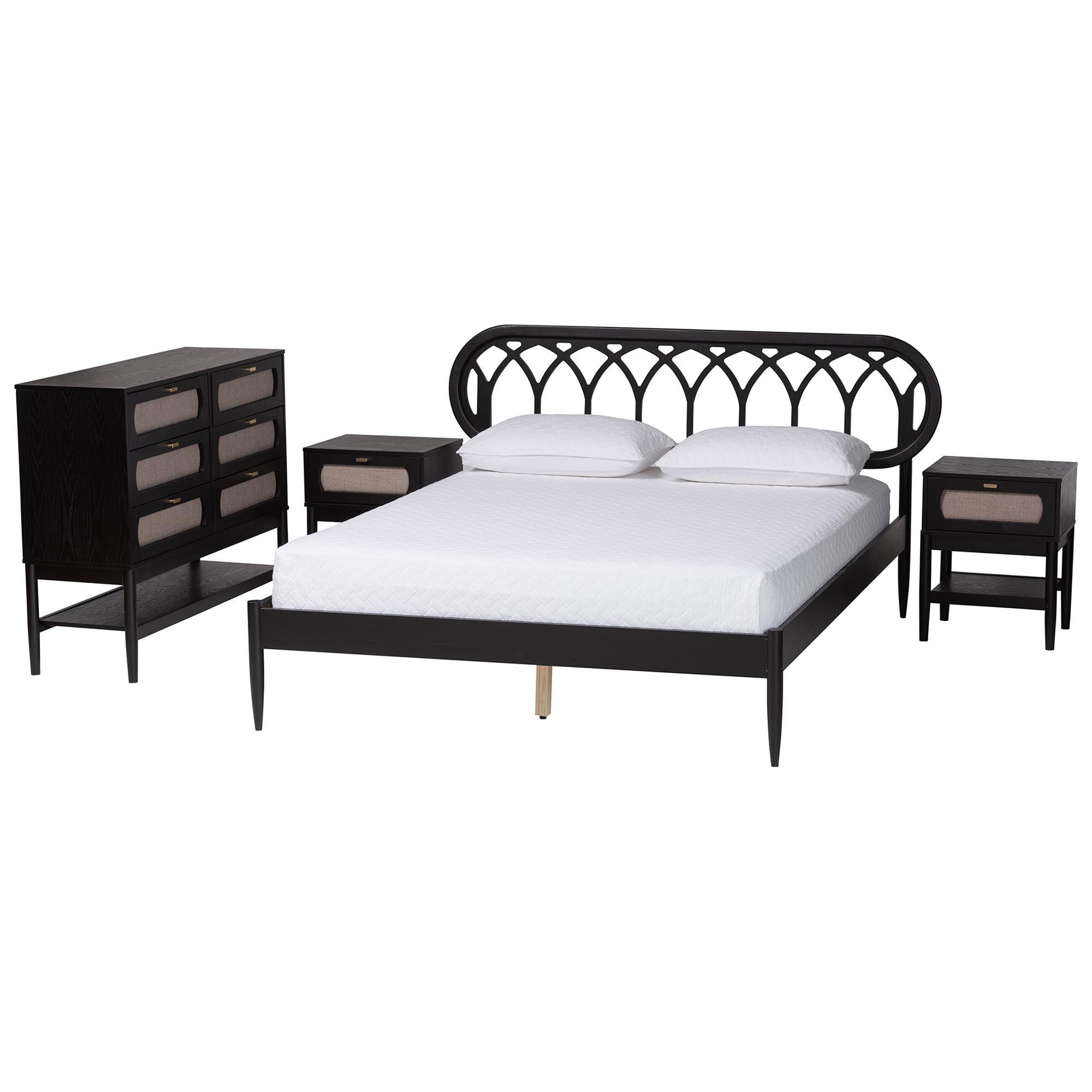 Florica Art Deco Wood 4-Piece Bedroom Set with Two Nightstands