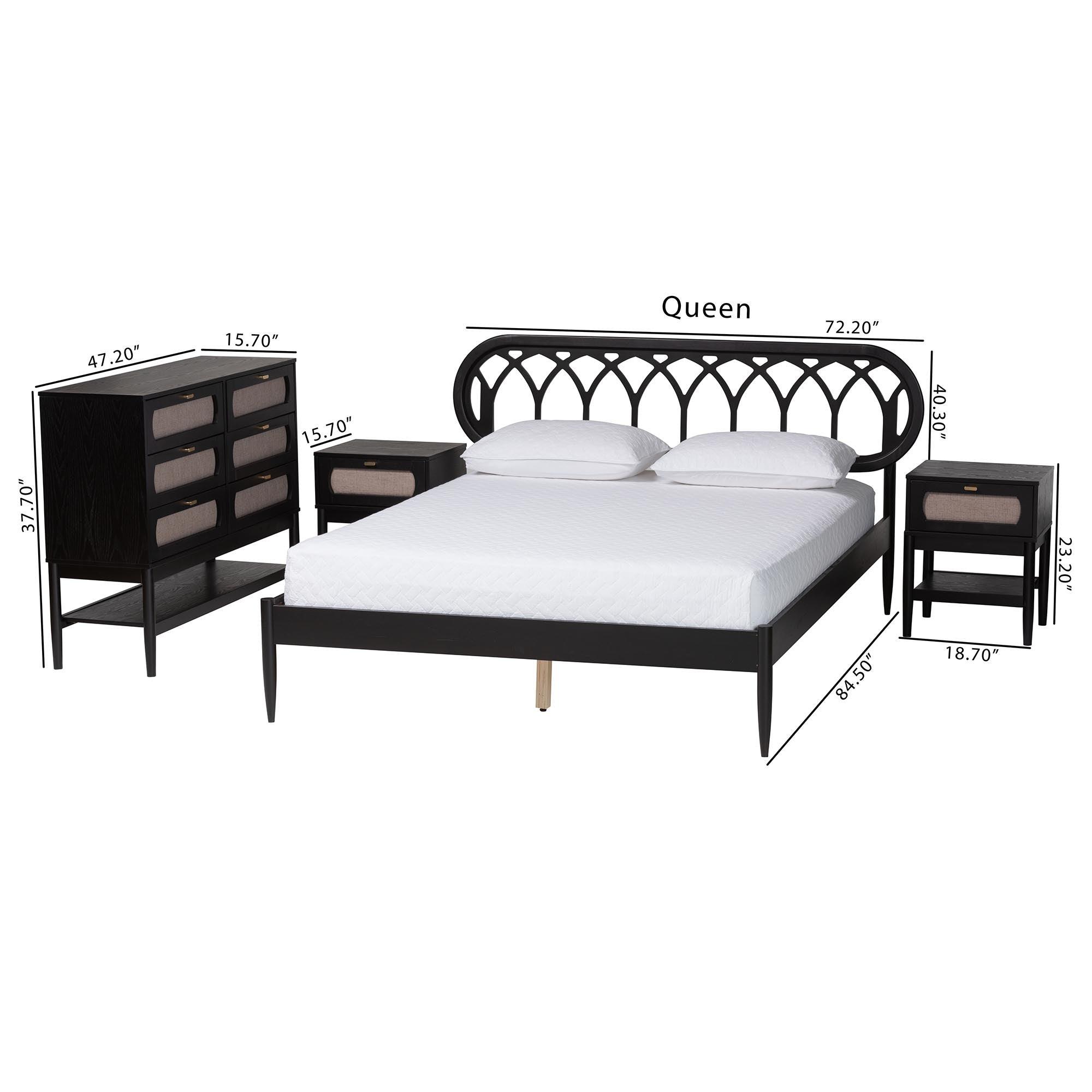 Florica Art Deco Wood 4-Piece Bedroom Set with Two Nightstands