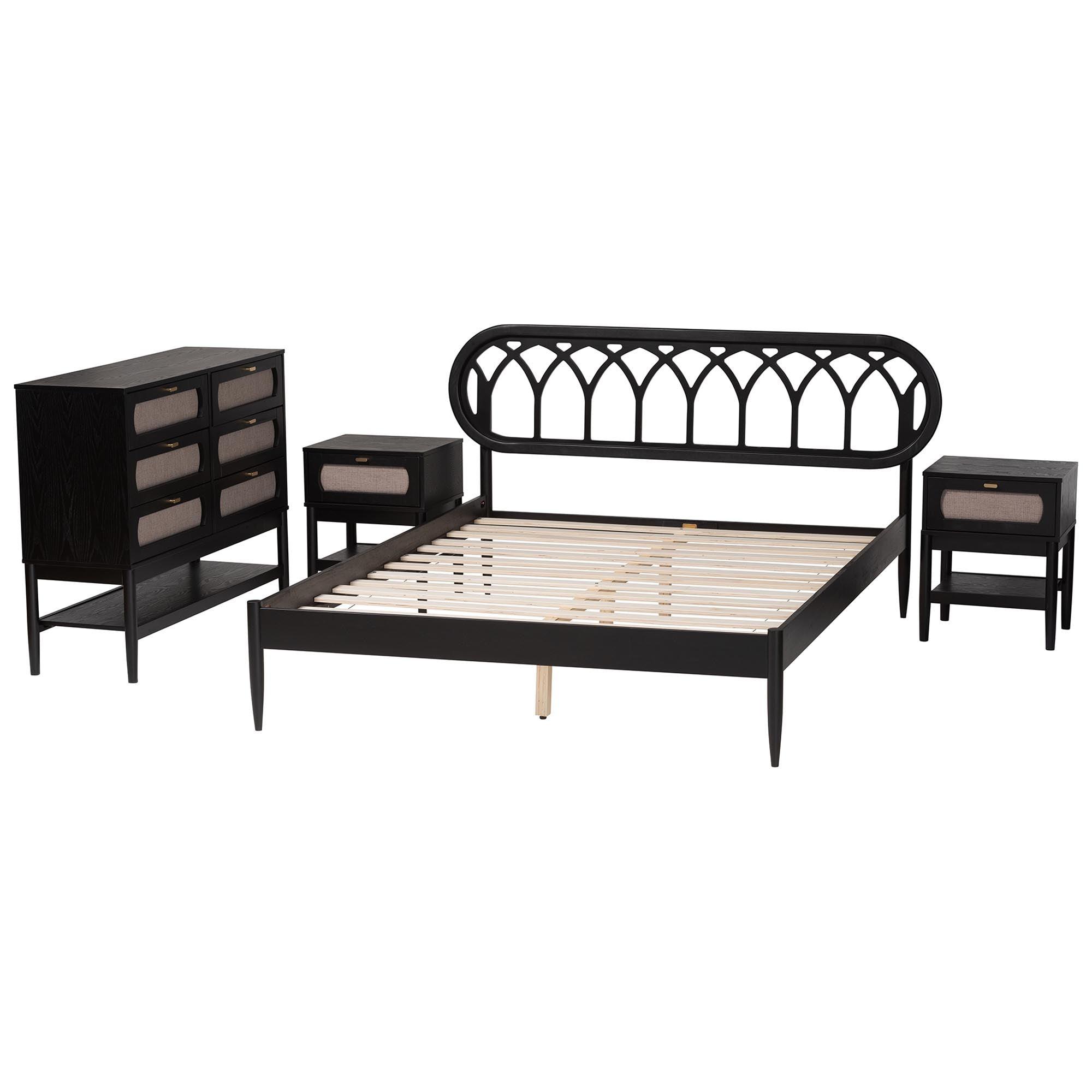 Florica Art Deco Wood 4-Piece Bedroom Set with Two Nightstands